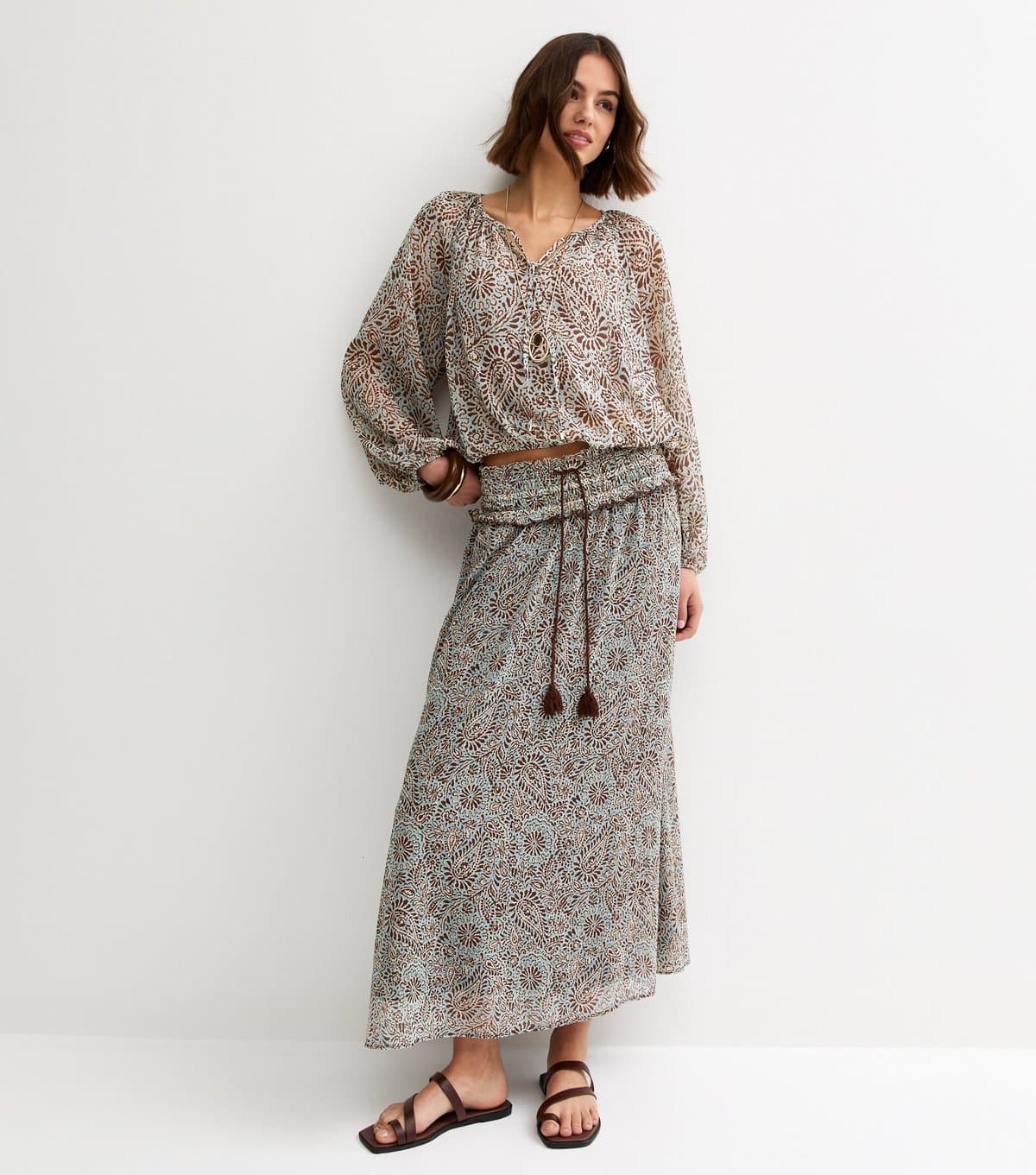 New Look Women's Blue Paisley Chiffon Tassel Tie Midi Skirt New Look