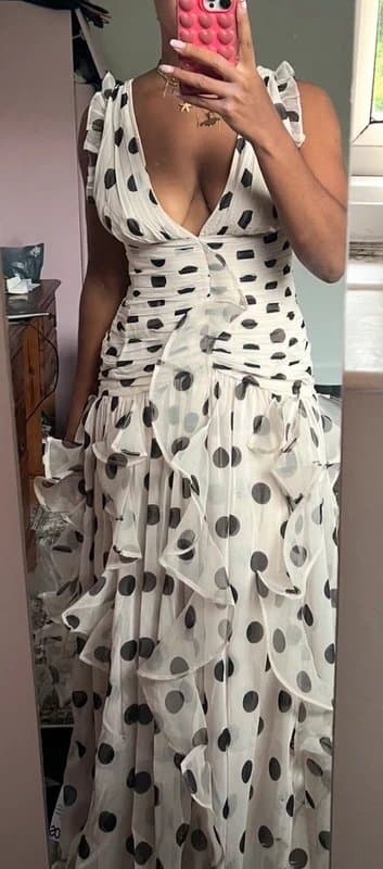ASOS Asos LUXE ruched maxi dress with waterfall detail in brown polka dot