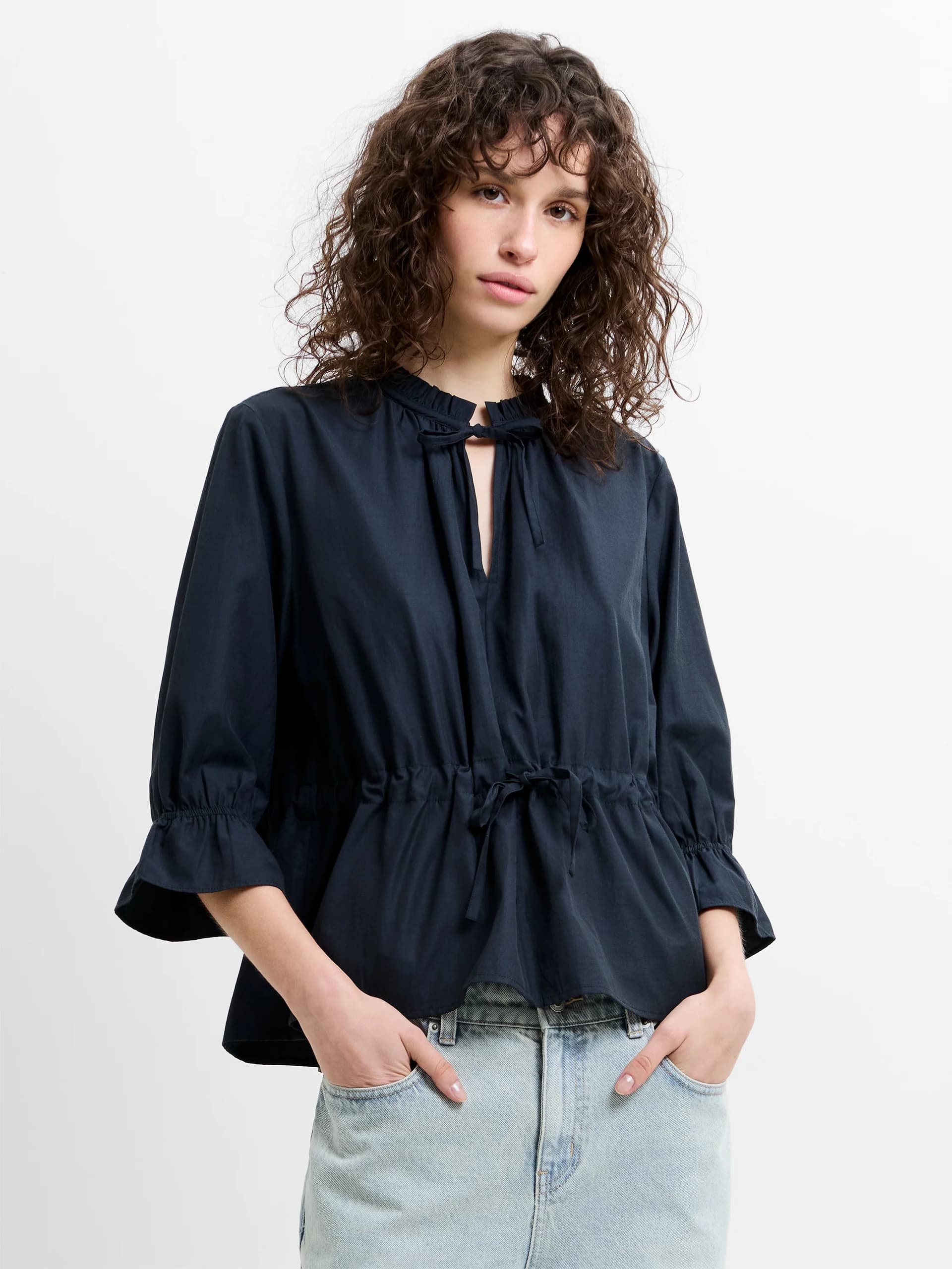 French Connection Era Poplin Ruffle Collar Top Navy Blue