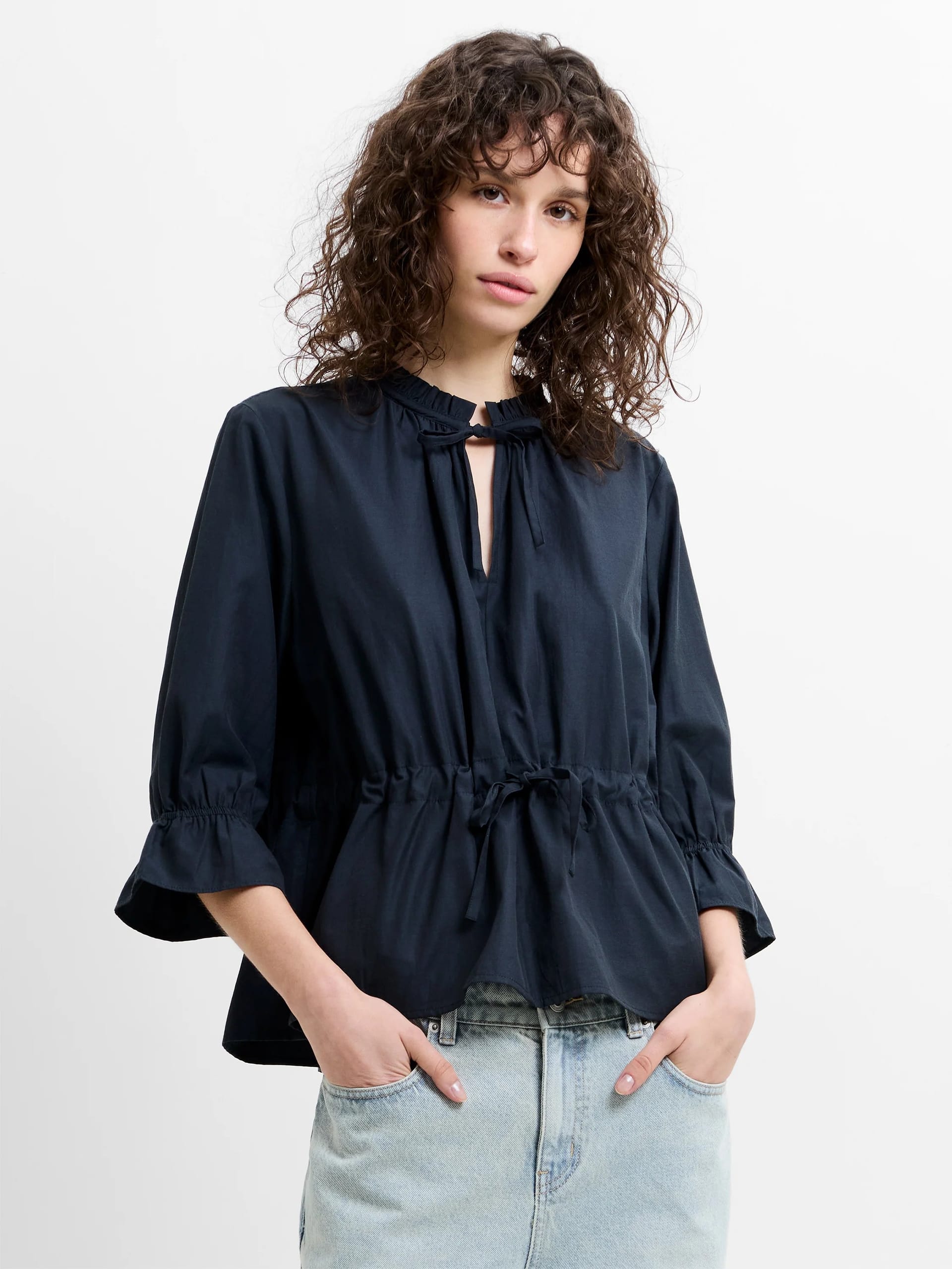 French Connection Navy Poplin Ruffle Collar Blouse