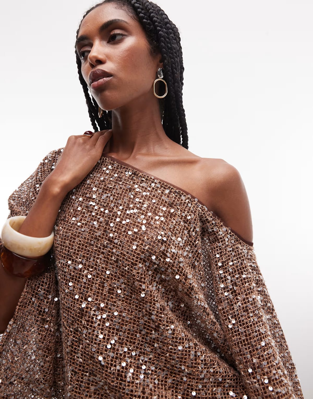ASOS ASOS DESIGN sheer crochet sequin asymmetric slouchy cape top in brown - 1