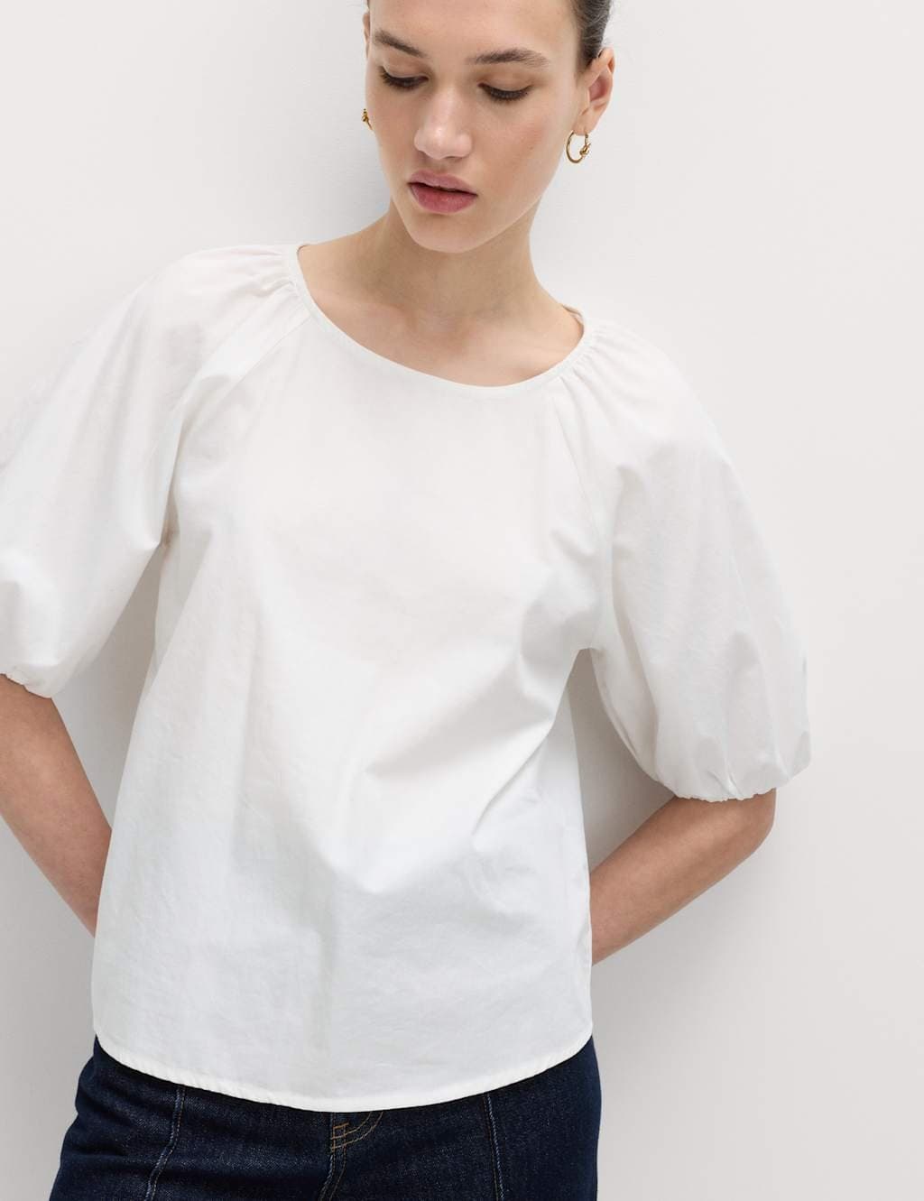 Marks & Spencer M&S Pure Cotton Printed Puff Sleeve Blouse Soft White