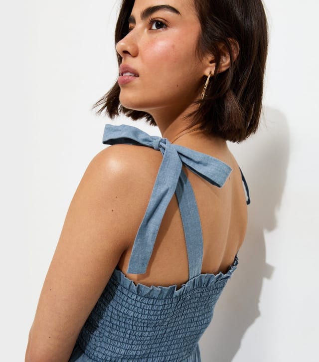 New Look Women's Blue Chambray Button Front Shirred Strappy Midi Dress New Look - 2