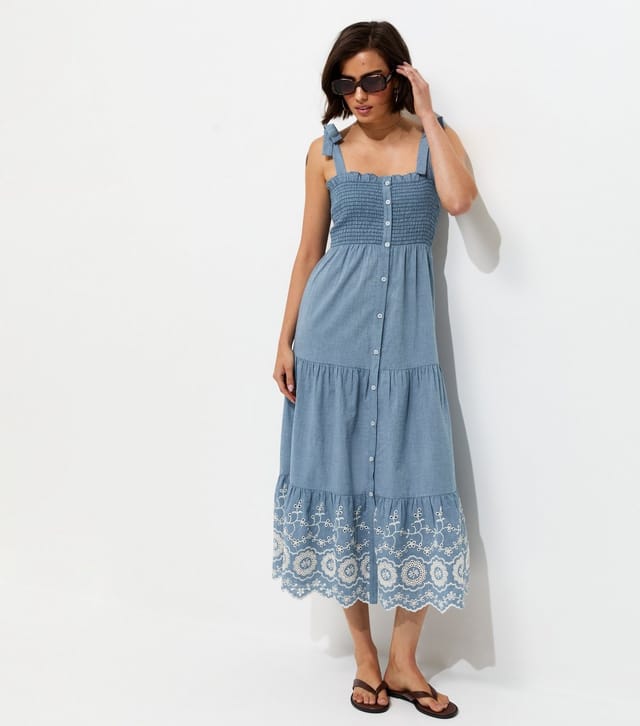 New Look Women's Blue Chambray Button Front Shirred Strappy Midi Dress New Look - 3