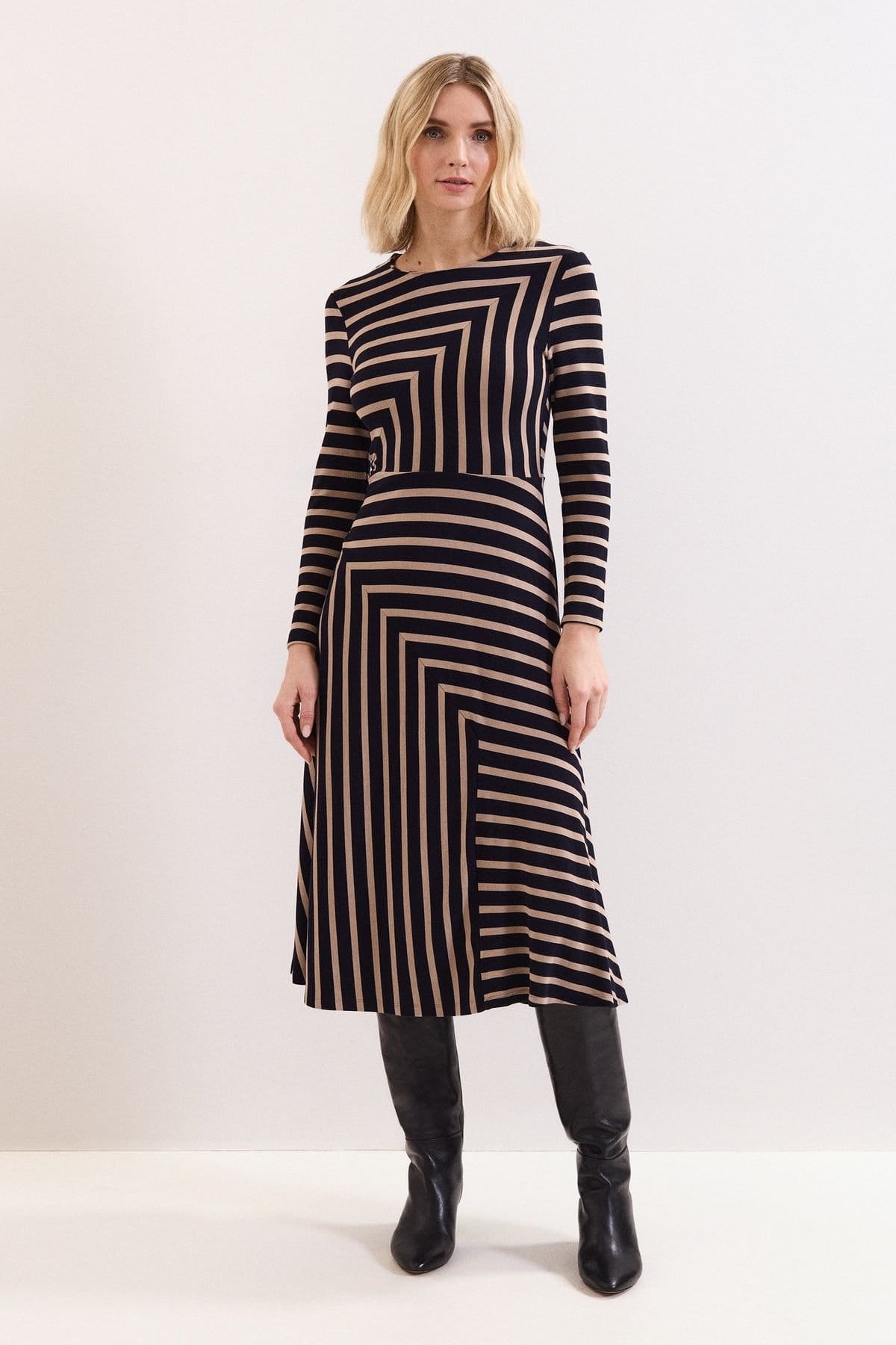 Phase Eight Black & Beige Stripe Petite Midi Dress
