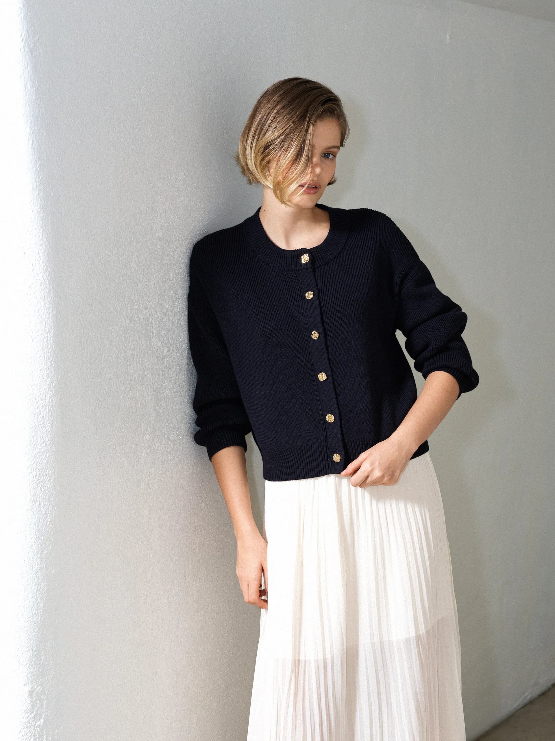 French Connection Milano Mozart Knit Button Down Cardigan Utility Blue