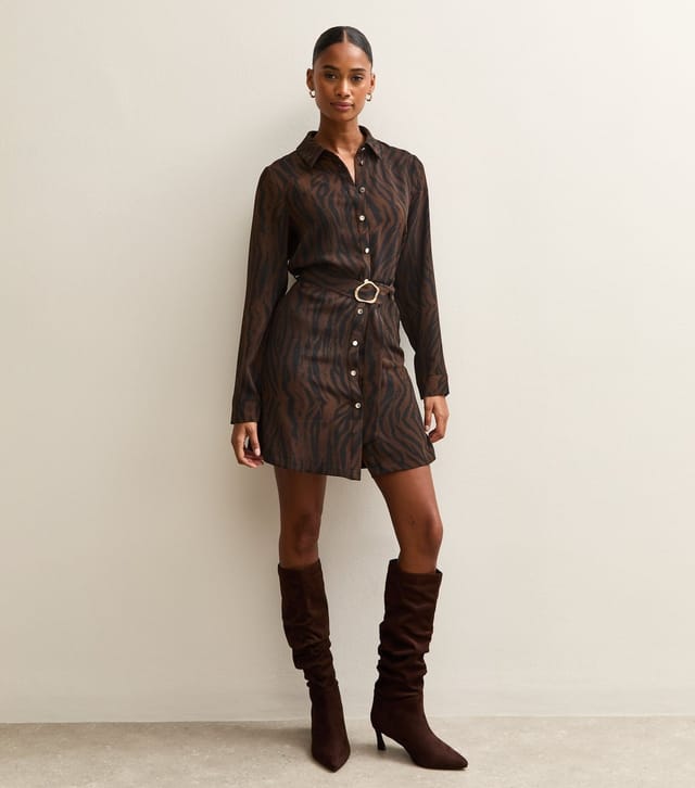 New Look Women's Brown Tiger Print Buckle Detail Mini Shirt Dress New Look - 2