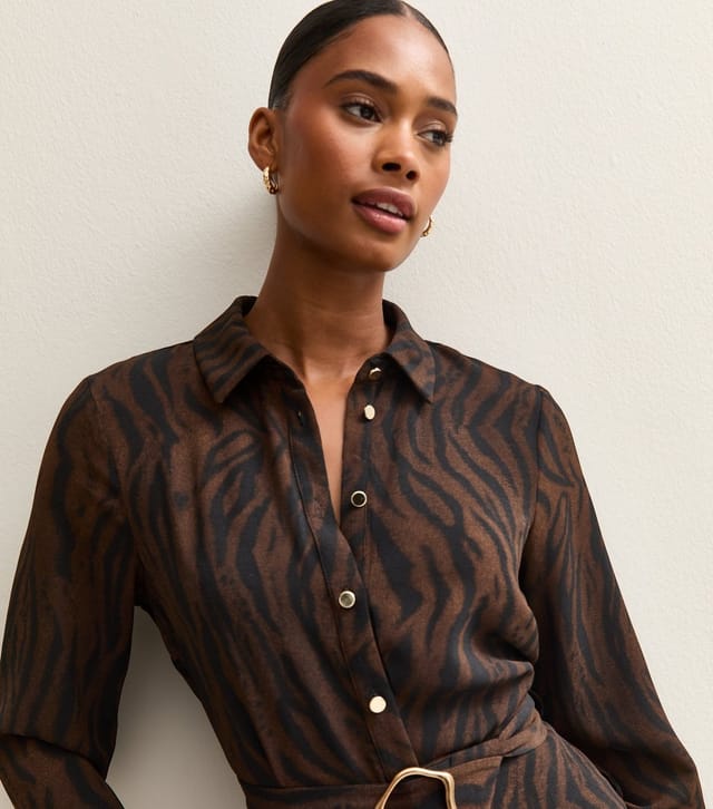 New Look Women's Brown Tiger Print Buckle Detail Mini Shirt Dress New Look - 3