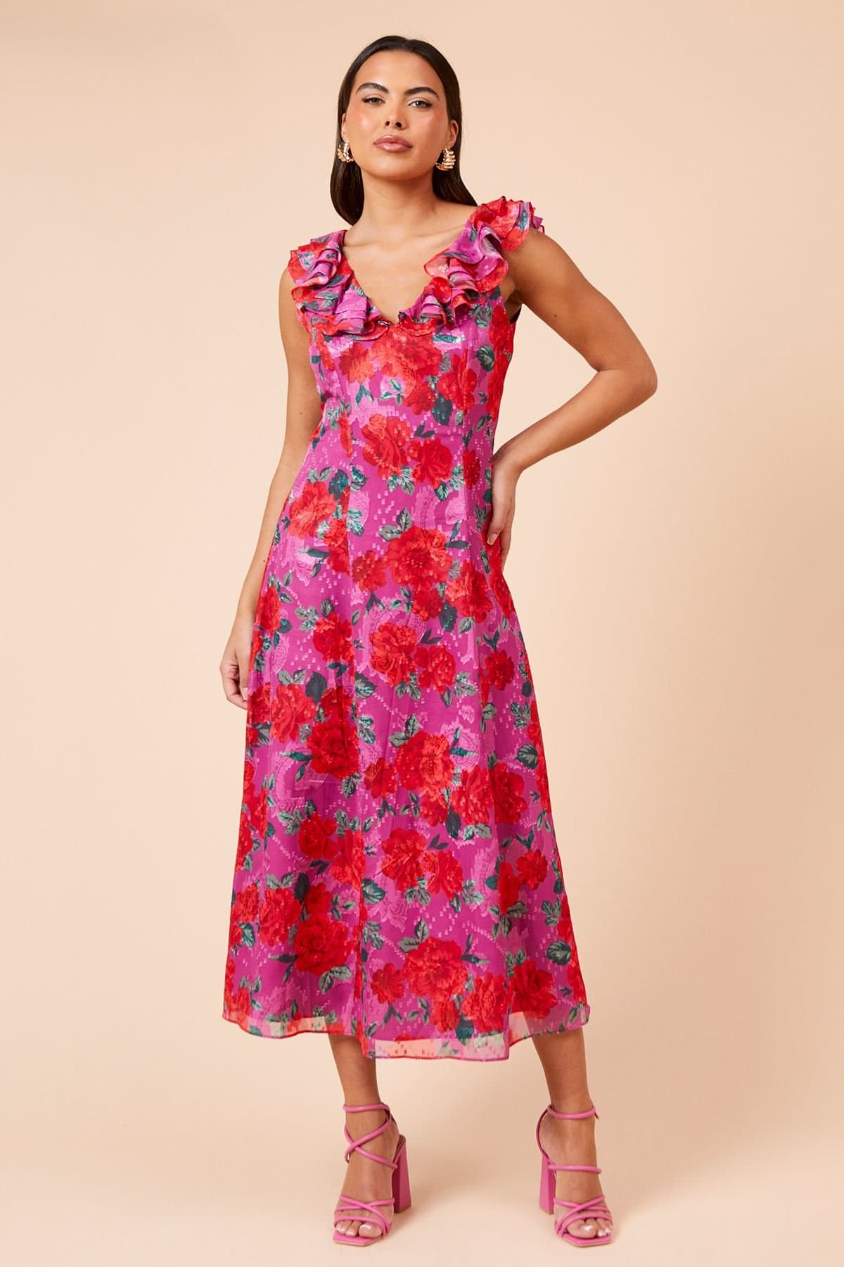 Dorothy Perkins Dorothy Perkins Women's DP Luxe Printed Jacquard Chiffon Ruffle Front Sleeveless Midi Dress in Floral
