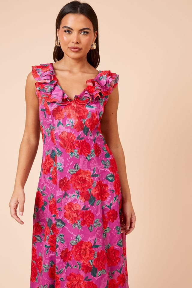 Dorothy Perkins Dorothy Perkins Women's DP Luxe Printed Jacquard Chiffon Ruffle Front Sleeveless Midi Dress in Floral - 2