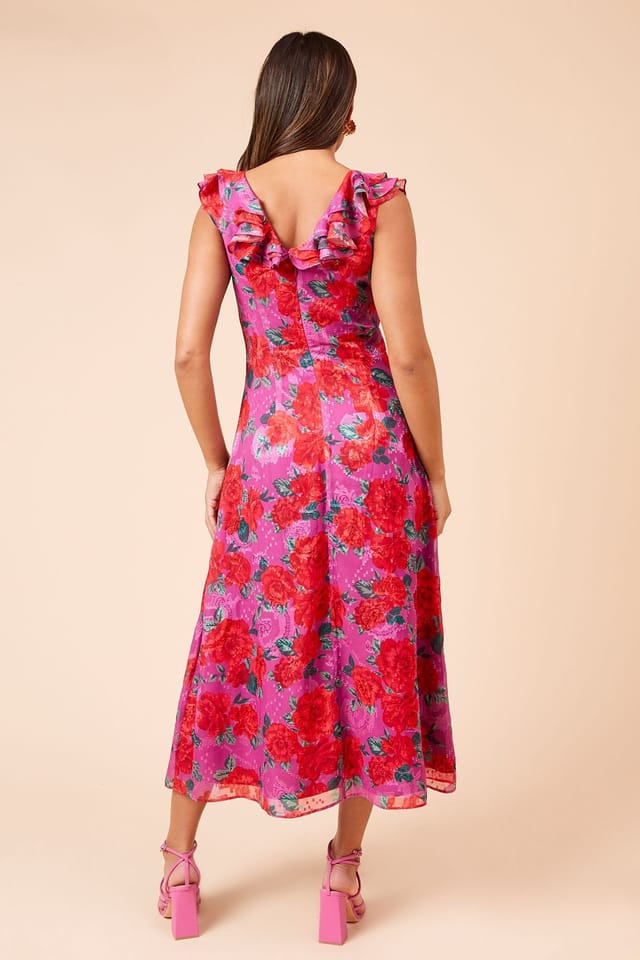 Dorothy Perkins Dorothy Perkins Women's DP Luxe Printed Jacquard Chiffon Ruffle Front Sleeveless Midi Dress in Floral - 3