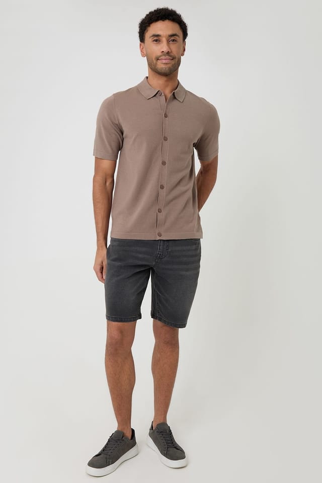 Threadbare Threadbare Men's Knitted Short Sleeve Shirt in Taupe - 3