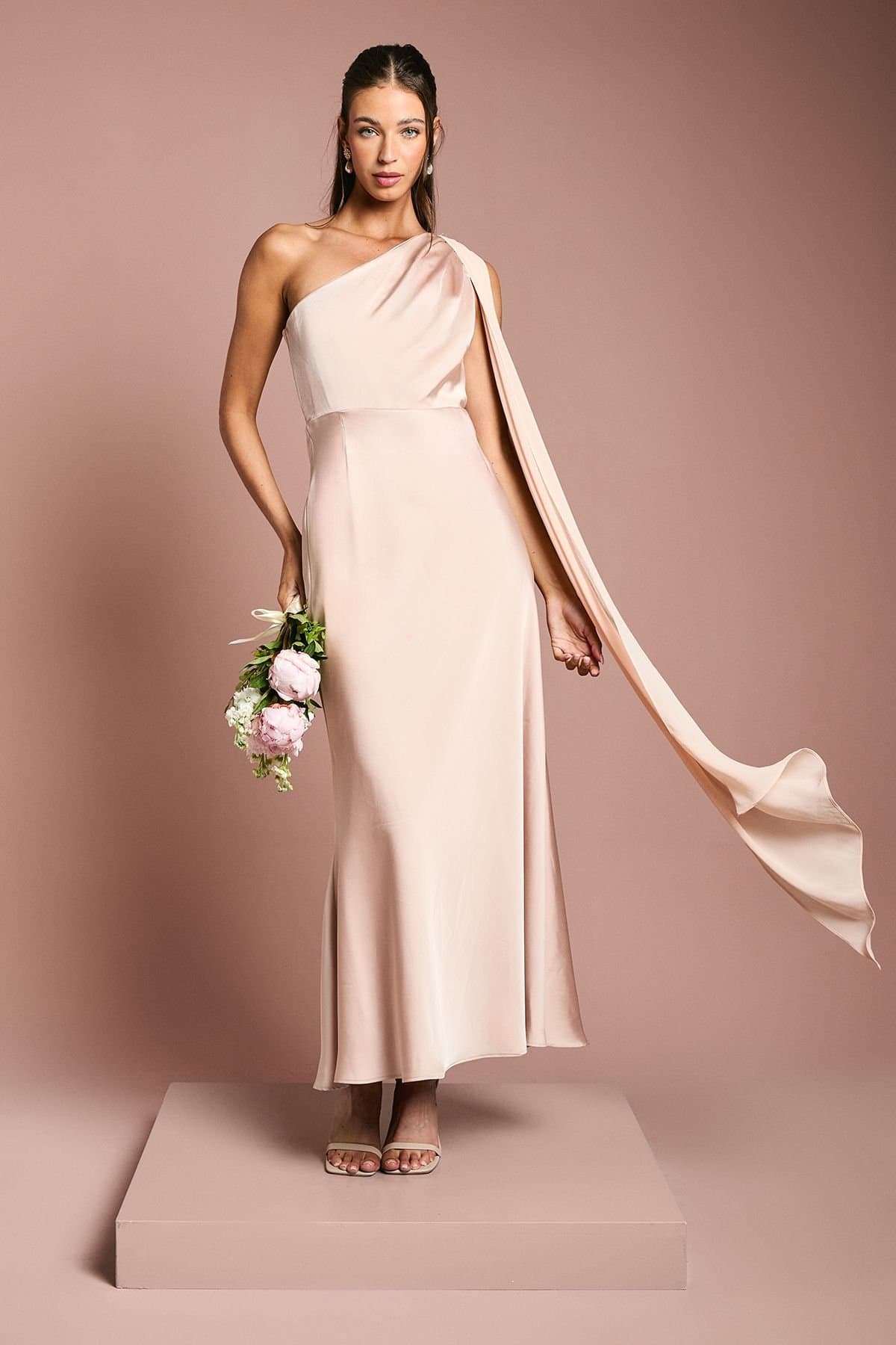 Coast Coast Women's Satin One Shoulder Bridesmaid Dress with Chiffon Drape in Blush