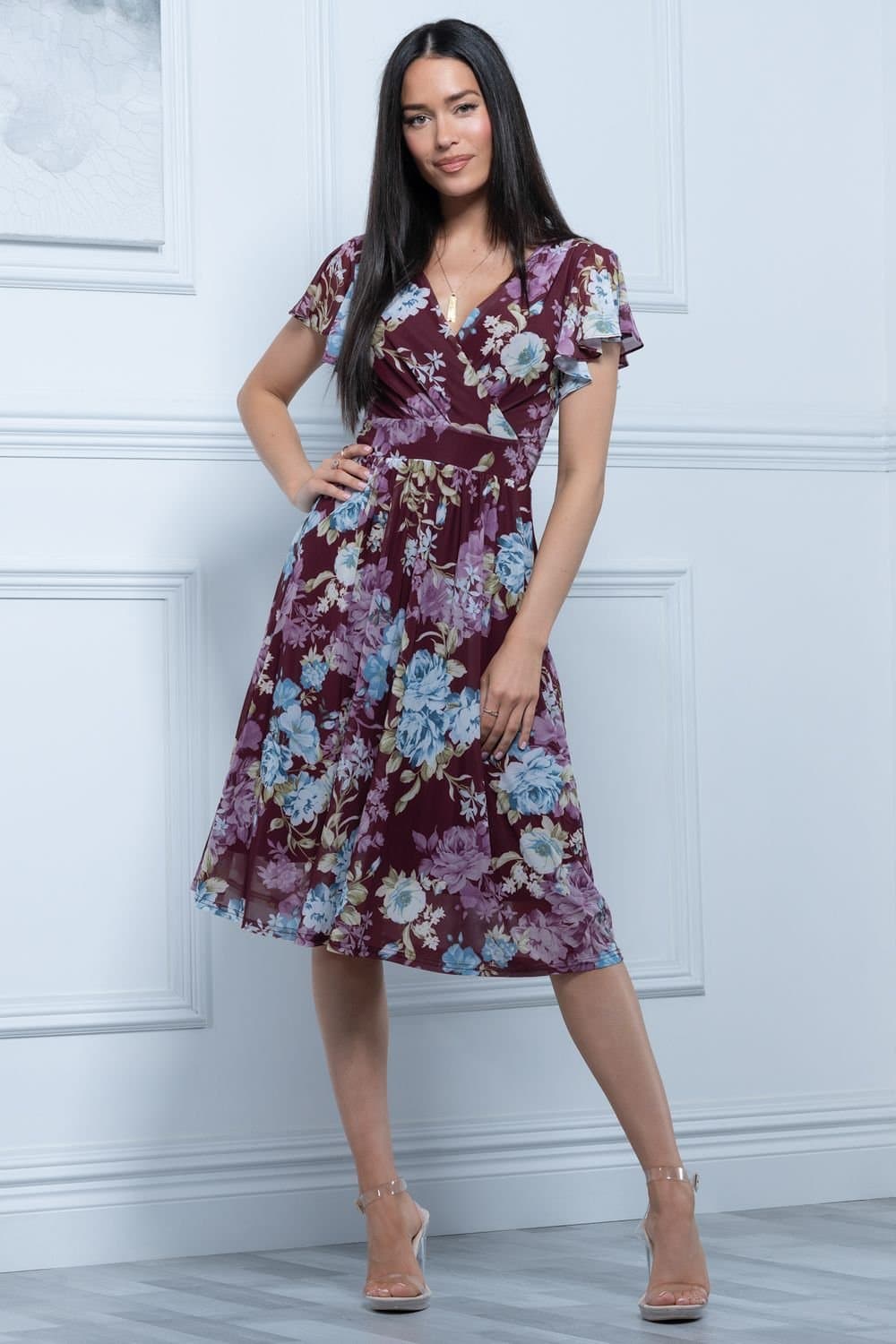 Jolie Moi Jolie Moi Women's Lylah Cross Front Mesh Dress in Dark Red