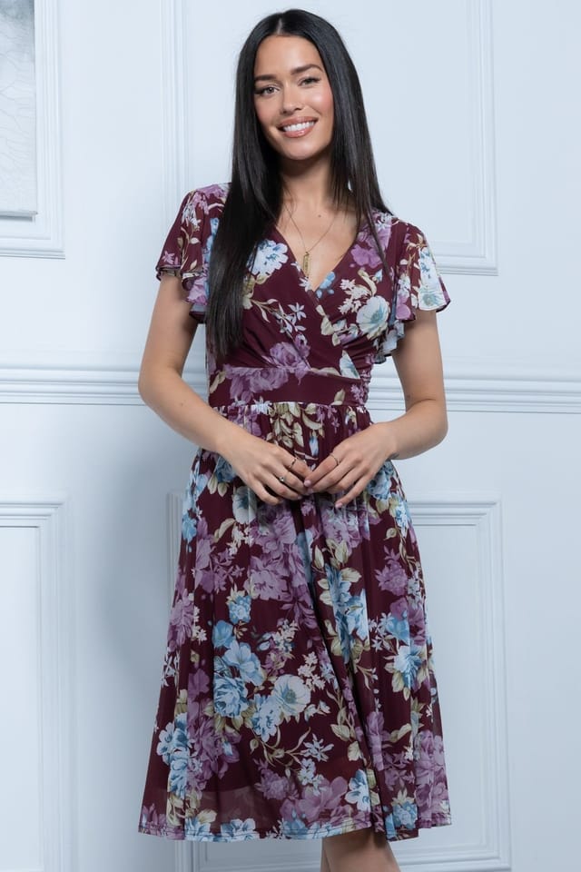 Jolie Moi Jolie Moi Women's Lylah Cross Front Mesh Dress in Dark Red - 3