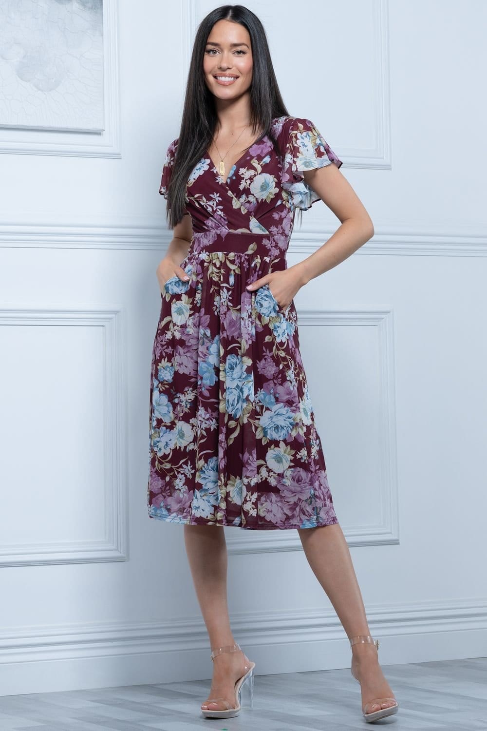 Jolie Moi Jolie Moi Women's Lylah Cross Front Mesh Dress in Dark Red - 4