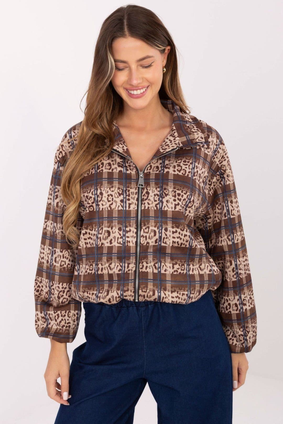 Love Lace Love Lace Women's Animal Print Check Casual Zip Jacket
