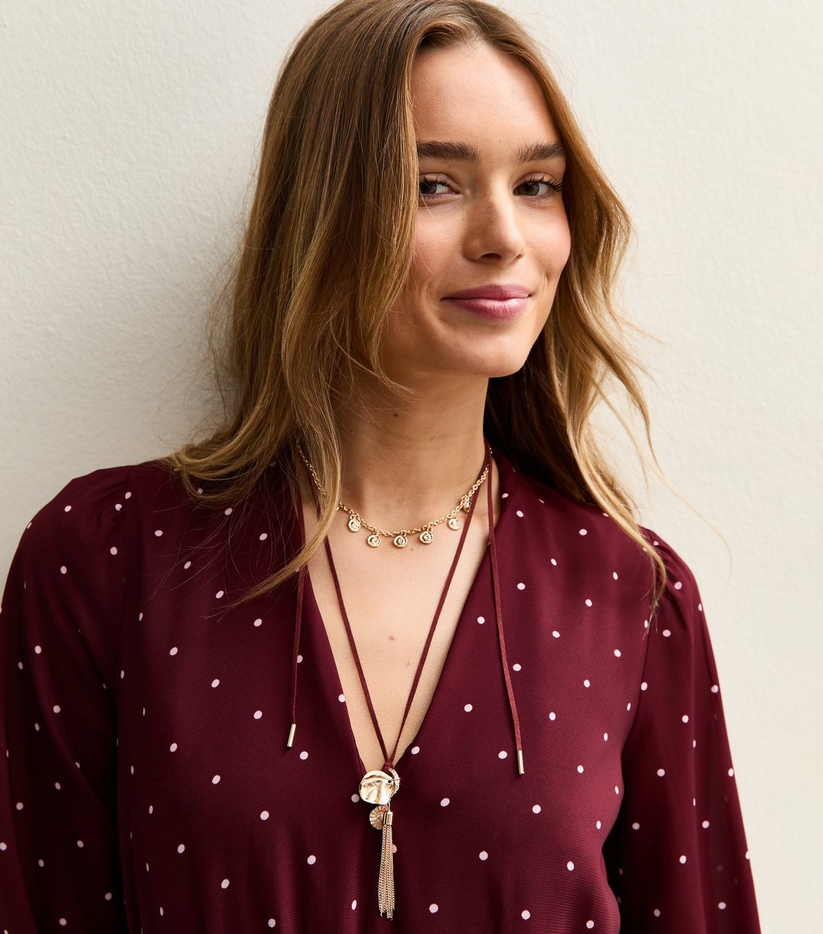 New Look Gold Tone Burgundy Rope Long Tassel Charm Necklace New Look - 1