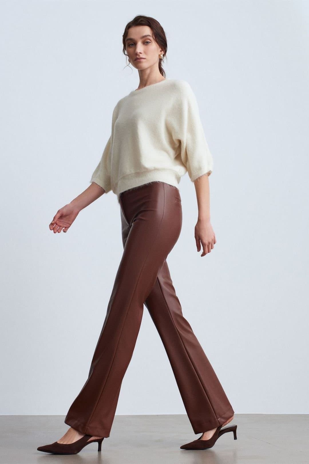 Dilvin Dilvin Women's Faux Leather Flare Pants in Brown