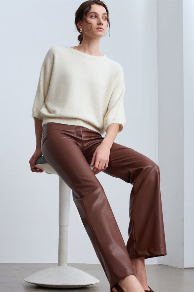 Dilvin Dilvin Women's Faux Leather Flare Pants in Brown - 3