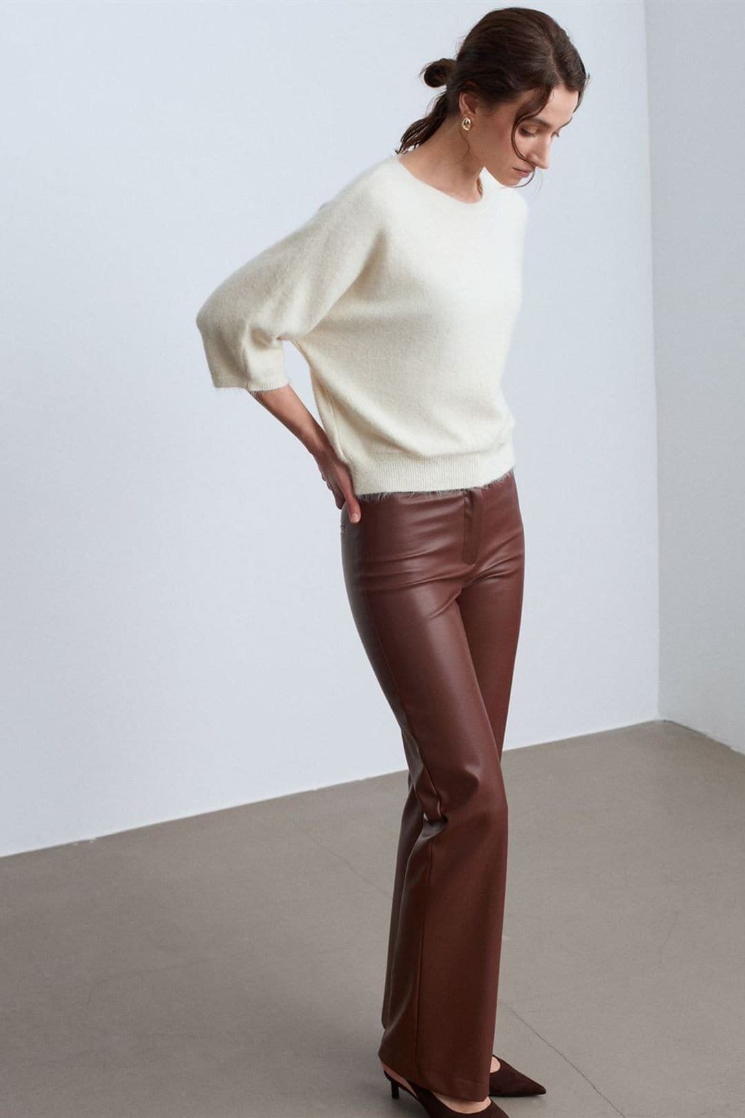 Dilvin Dilvin Women's Faux Leather Flare Pants in Brown - 4