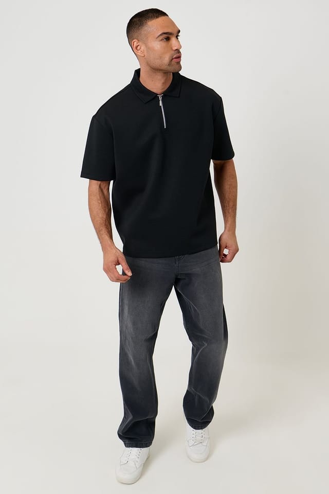 Threadbare threadbare Men's Oversized Quarter Zip Polo Shirt in Black - 3