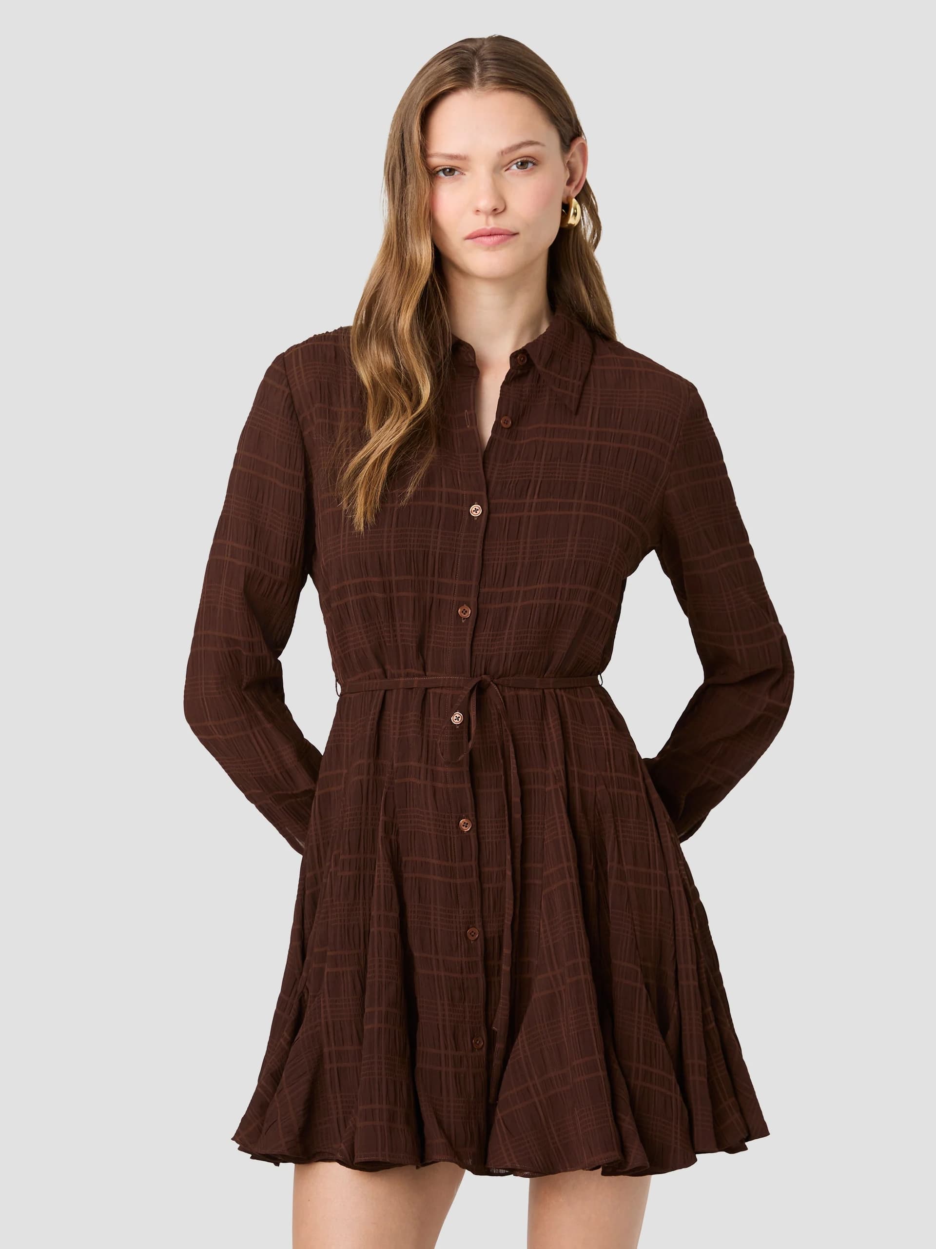 French Connection Brown Check Chiffon Tie Waist Mini Shirt Dress Brown Multi