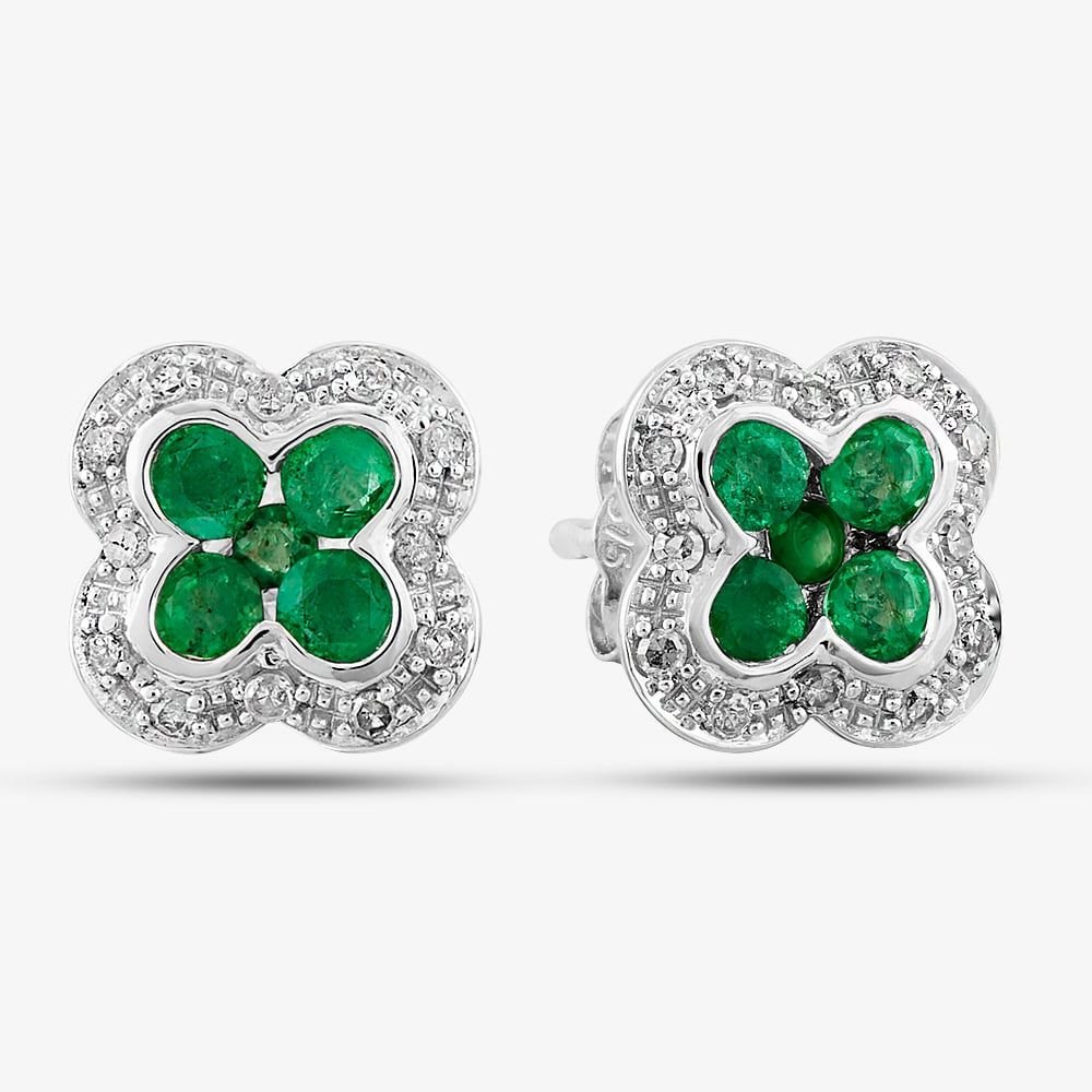 T.H.Baker T.H.Baker Women's 9ct White Gold Emerald & Diamond Quatrefoil Cluster Stud Earrings PE04942 EM in Silver - 1