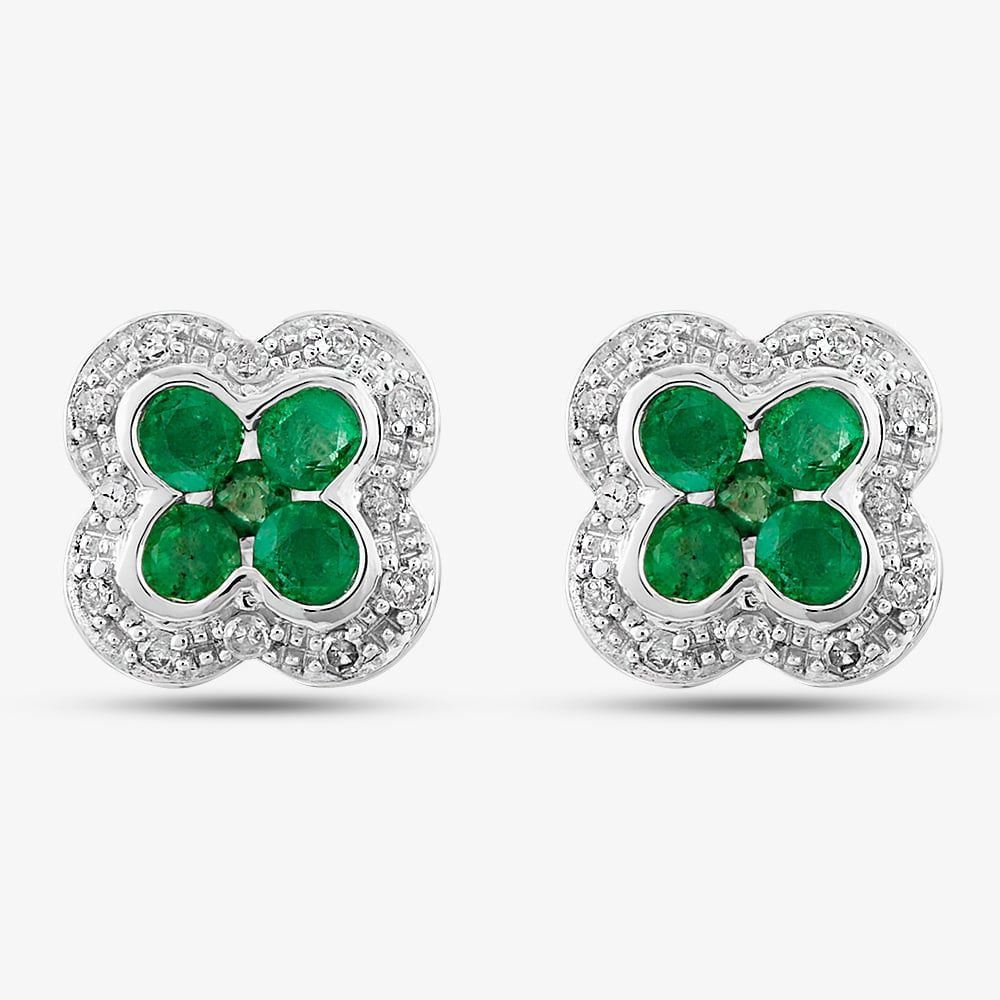 T.H.Baker T.H.Baker Women's 9ct White Gold Emerald & Diamond Quatrefoil Cluster Stud Earrings PE04942 EM in Silver - 2