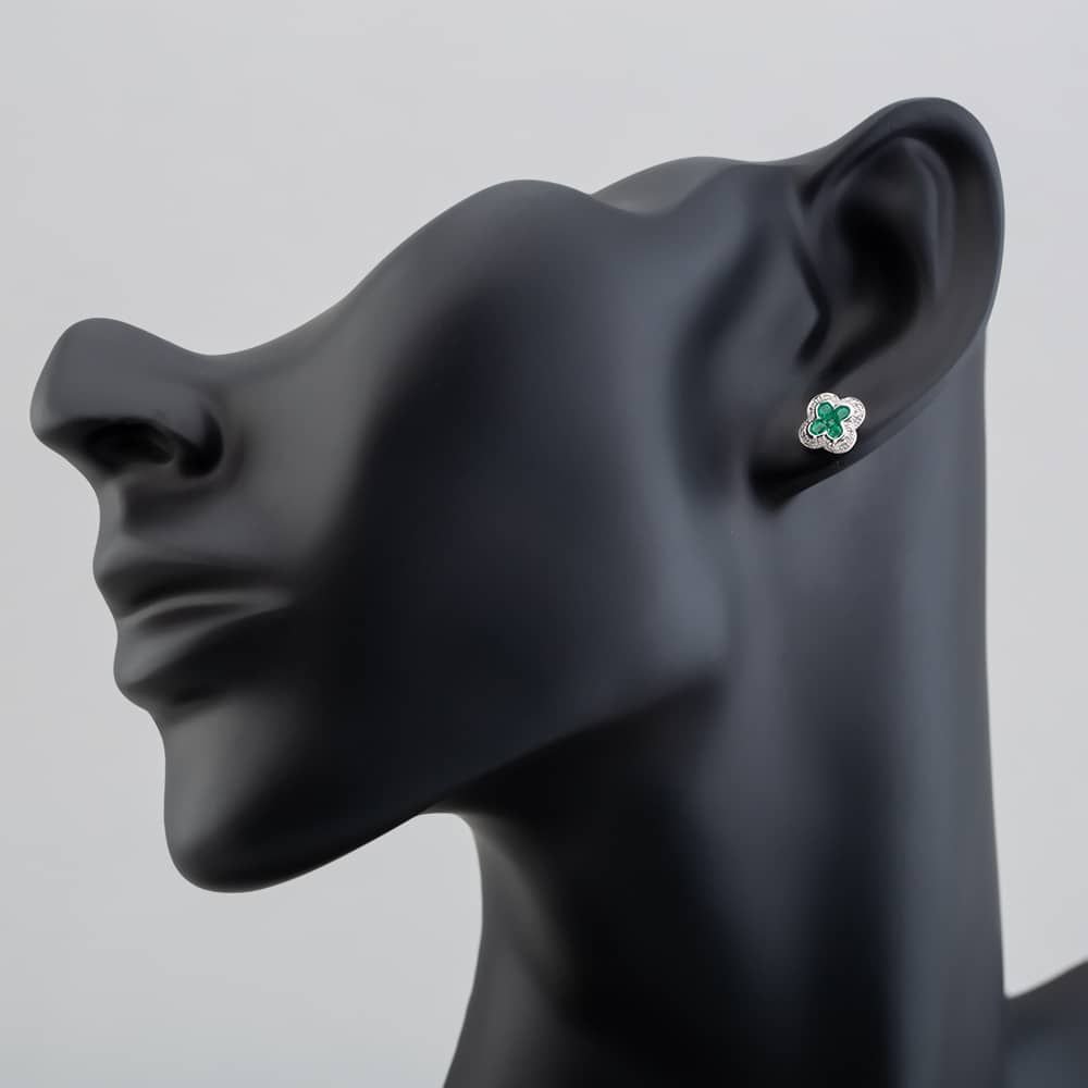 T.H.Baker T.H.Baker Women's 9ct White Gold Emerald & Diamond Quatrefoil Cluster Stud Earrings PE04942 EM in Silver - 4