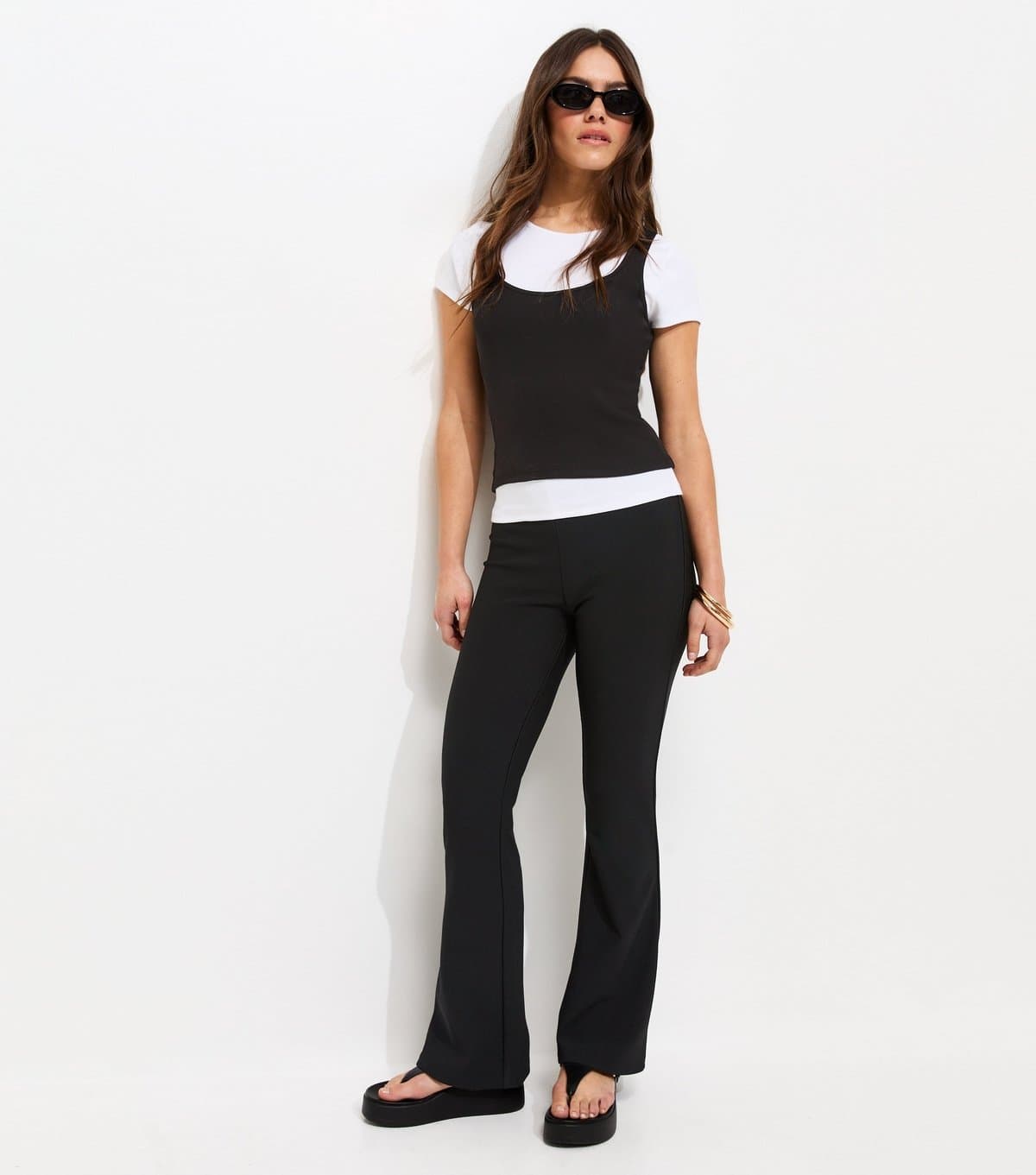 New Look Women's Petite Black Rib Flared Trousers New Look