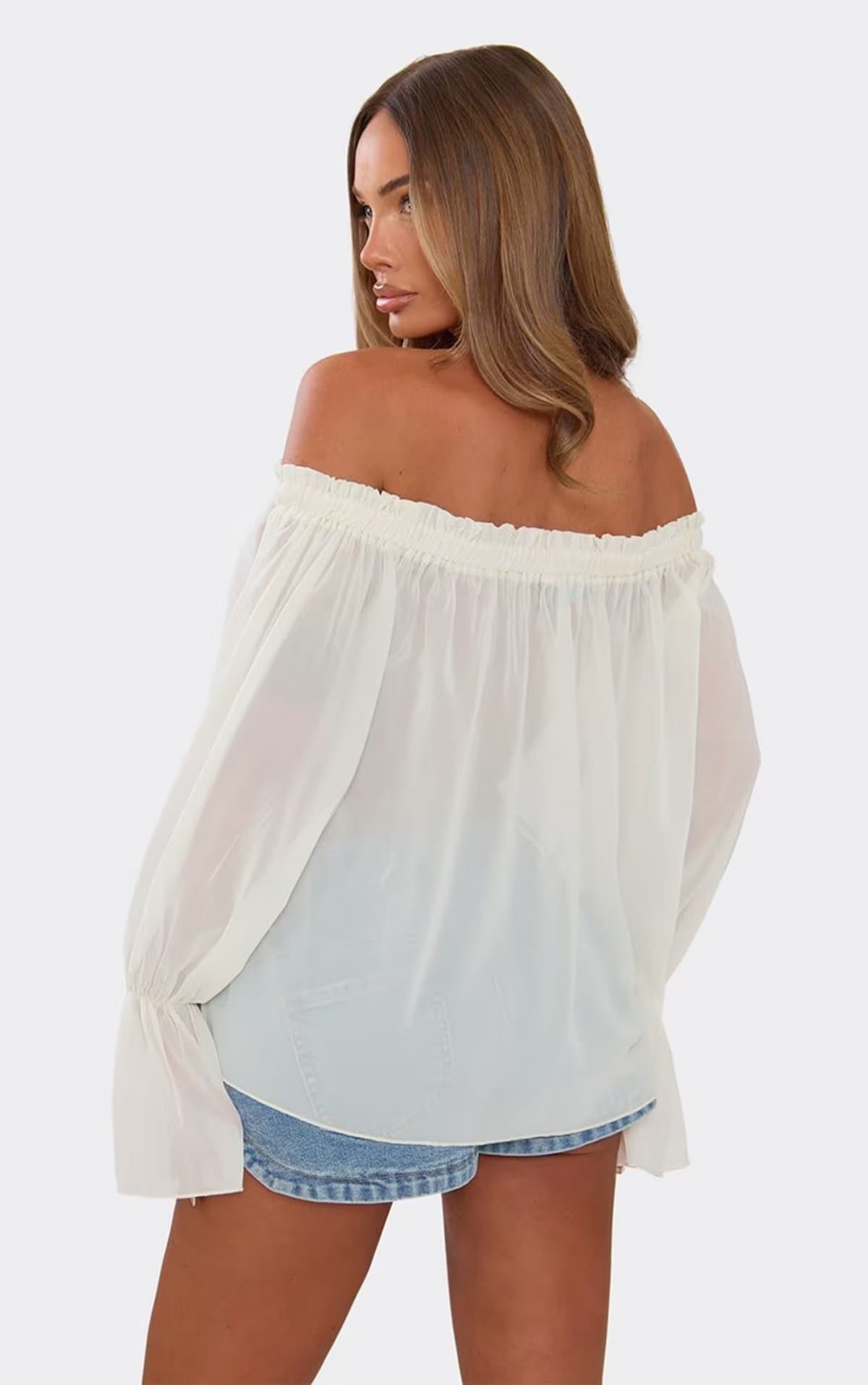 EGO Elasticated Bardot Floaty Top In Cream Chiffon, Women's Size UK 6
