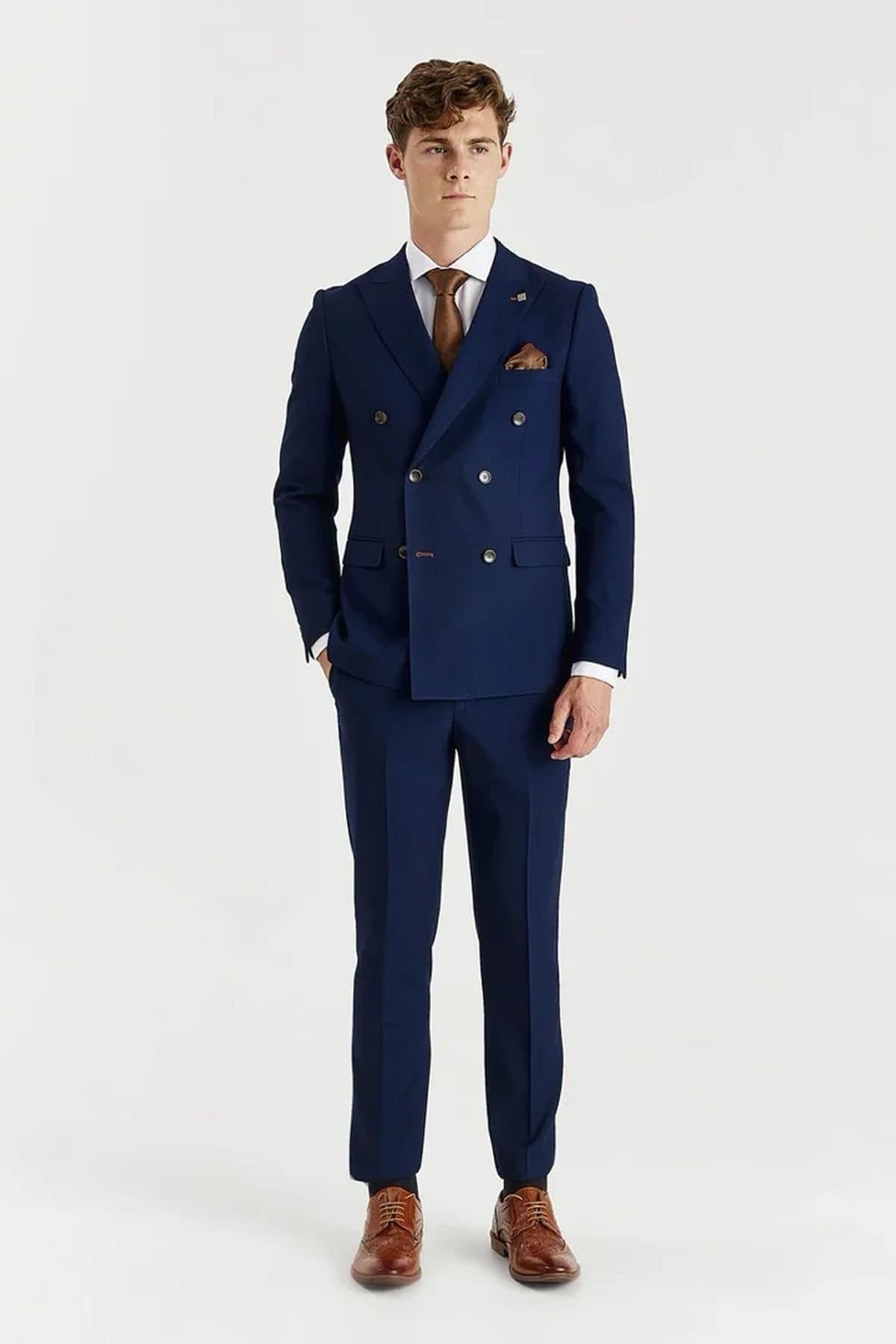 Paul Andrew Paul Andrew Men's 2 Piece Suit Double Breasted Birdseye Wedding in Navy
