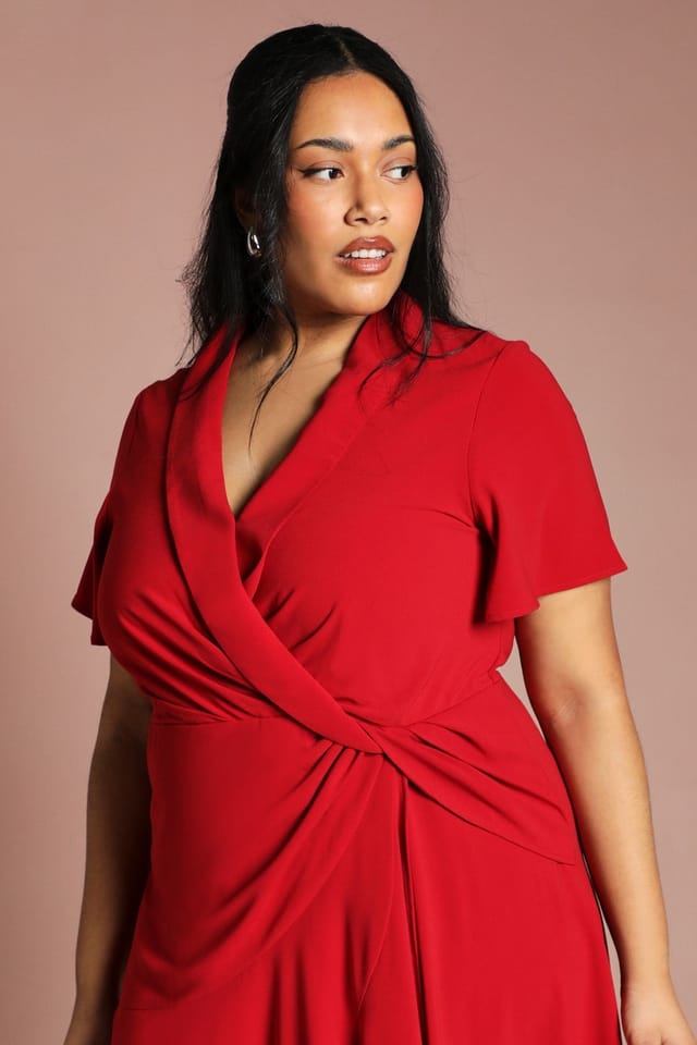 Coast Coast Women's Plus Shawl Collar Ruffle Hem Midi Dress With Fluted Sleeve in Berry - 2