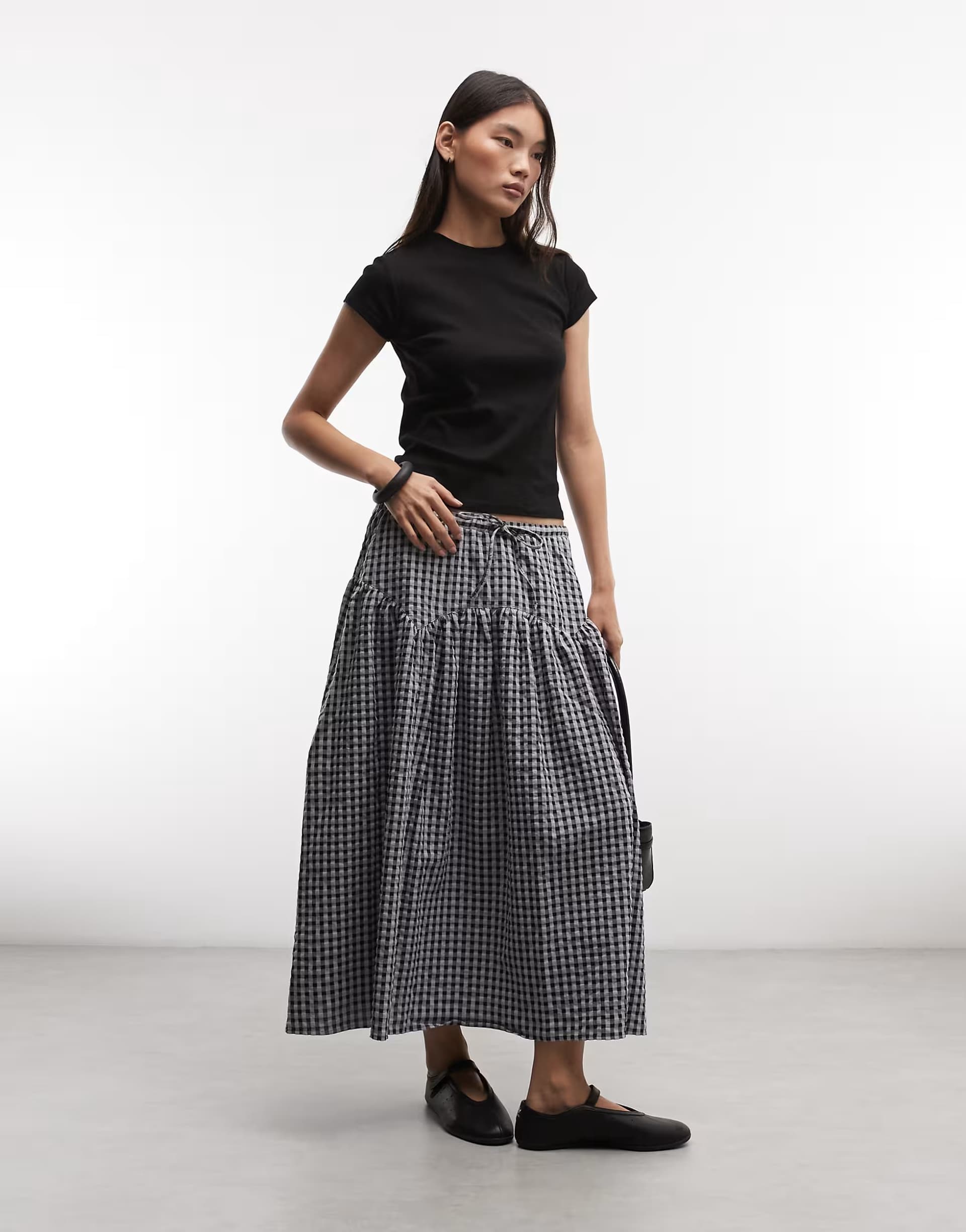 ASOS COLLUSION woven midi skirt with tie detail in grey check