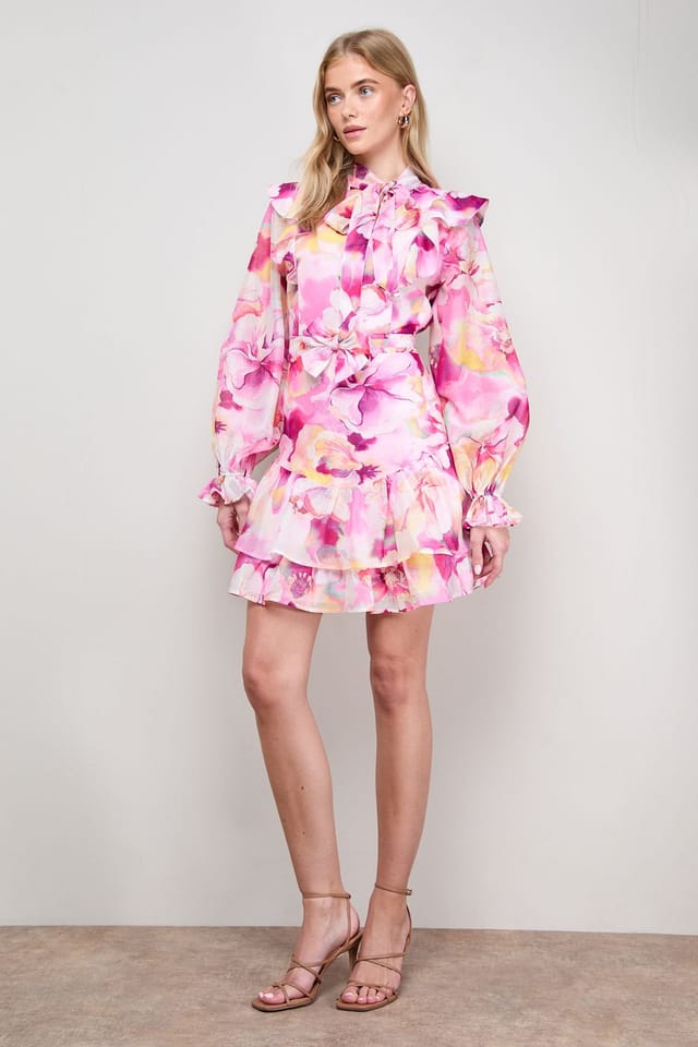 Oasis Oasis Women's Tie Neck Ruffle Fit & Flare Mini Dress in Purple - 2