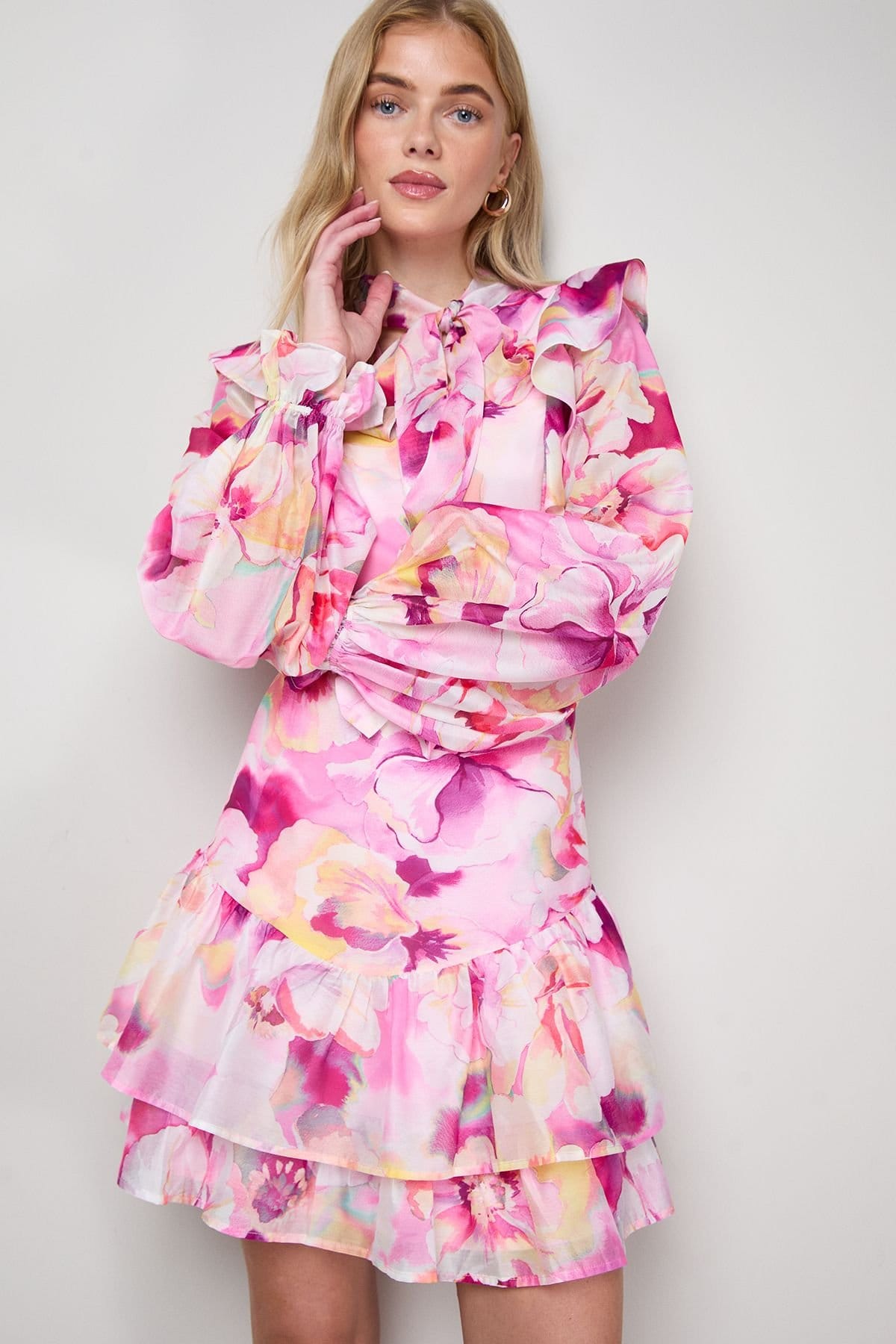 Oasis Oasis Women's Tie Neck Ruffle Fit & Flare Mini Dress in Purple - 4