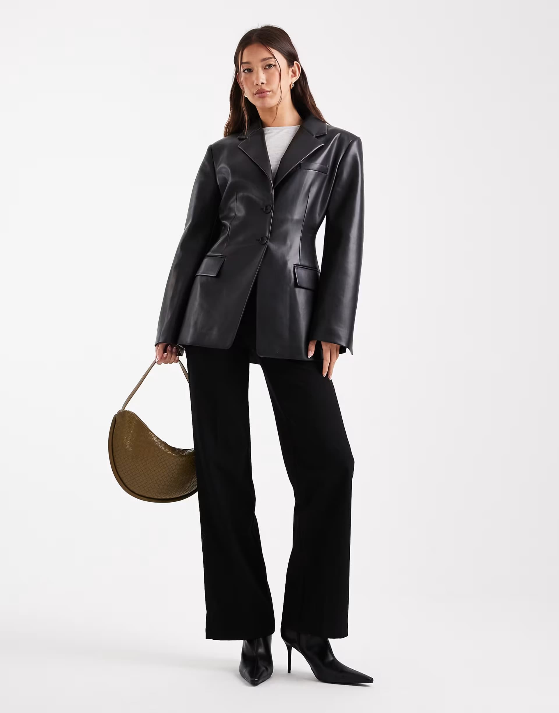 ASOS ASOS DESIGN faux leather sculpted cinch waist blazer in black