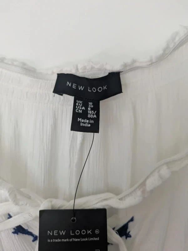New Look New Look White & Blue Embroidered Bardot Boho Mini Dress - NWT Size 10