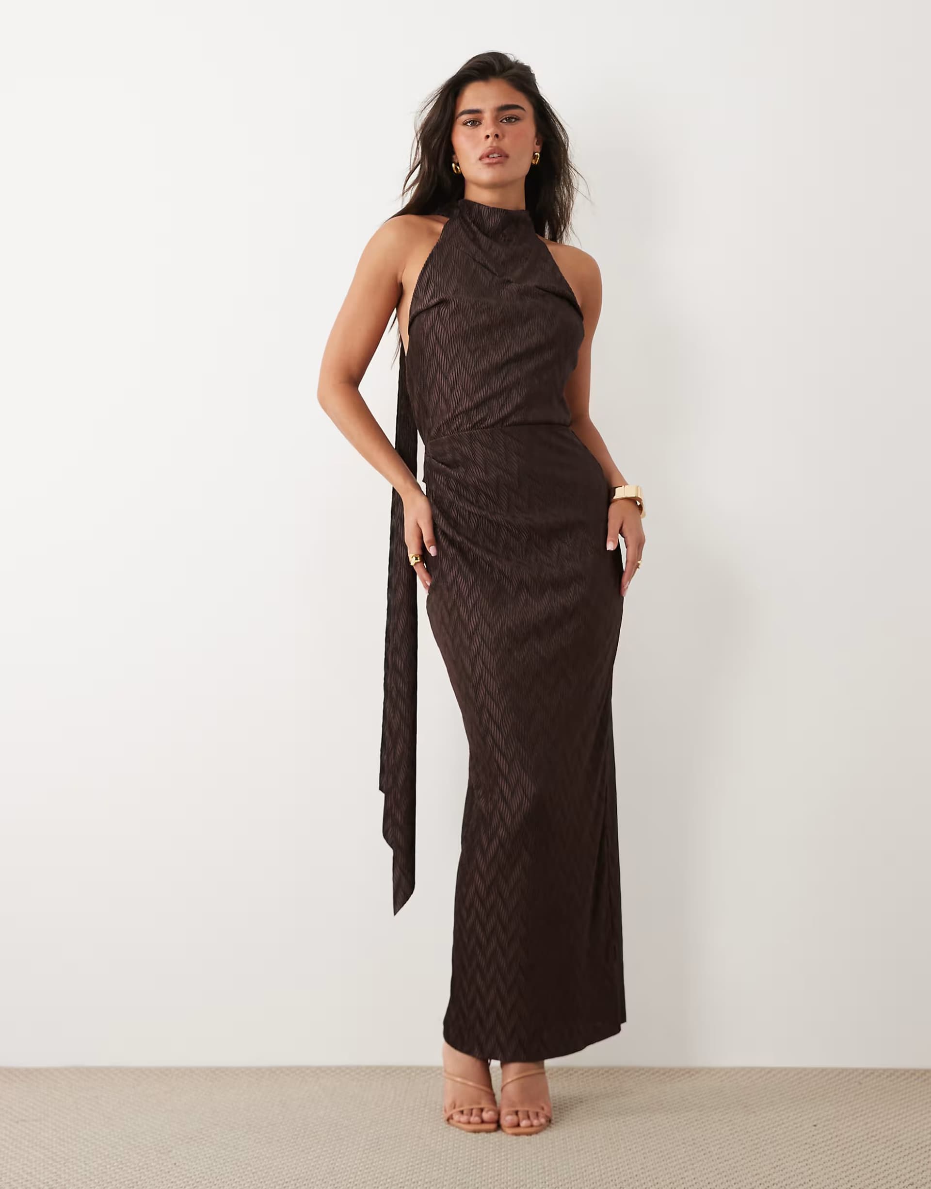 ASOS ASOS DESIGN zigzag plisse scarf neck maxi dress in chocolate