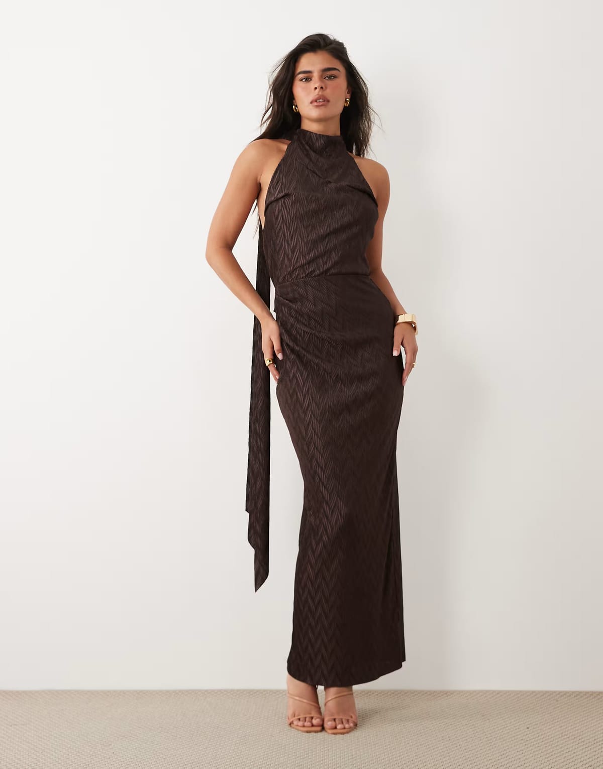 ASOS ASOS DESIGN zigzag plisse scarf neck maxi dress in chocolate - 1