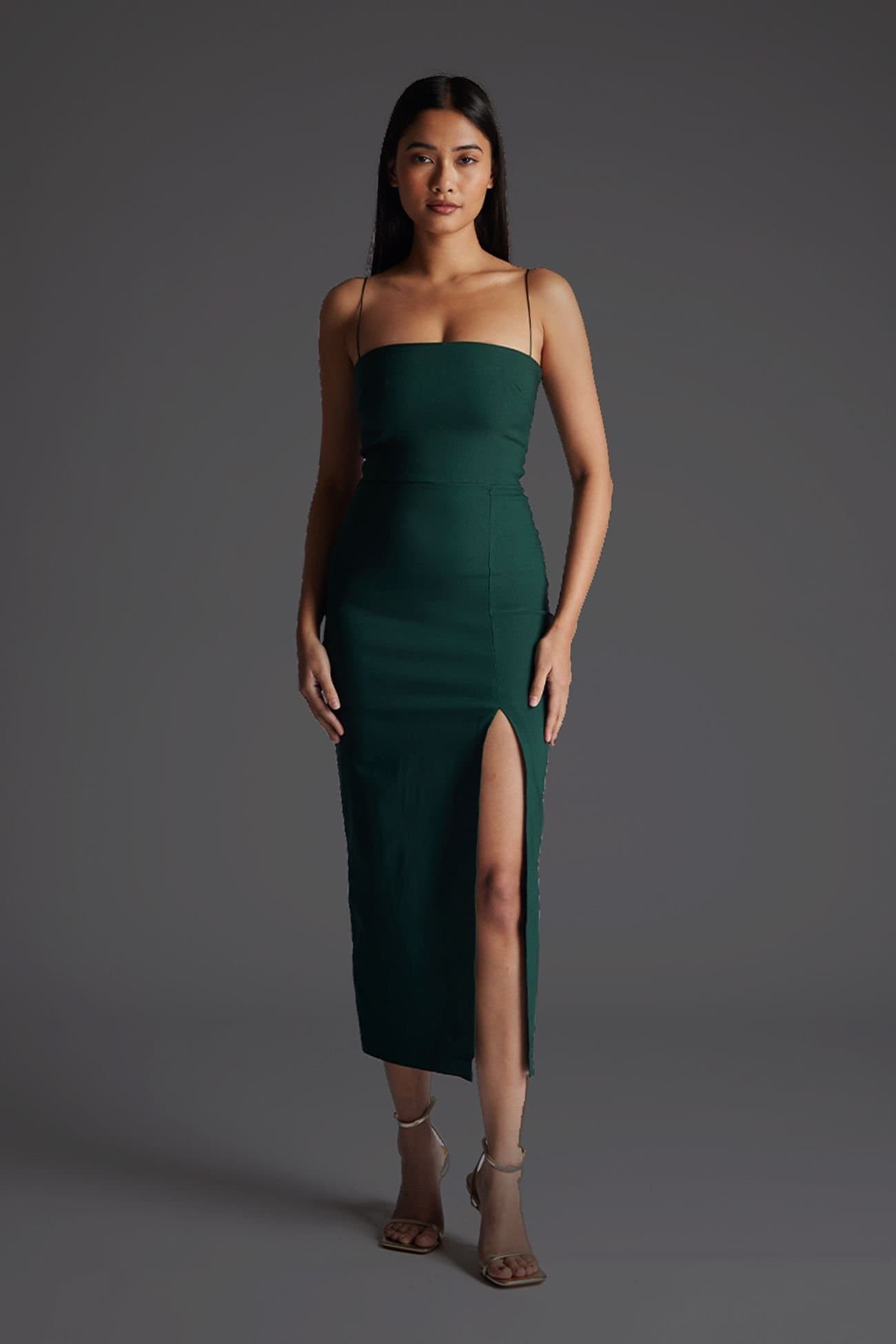 Vesper Vesper Green Stretch Midaxi Dress with Cami Straps
