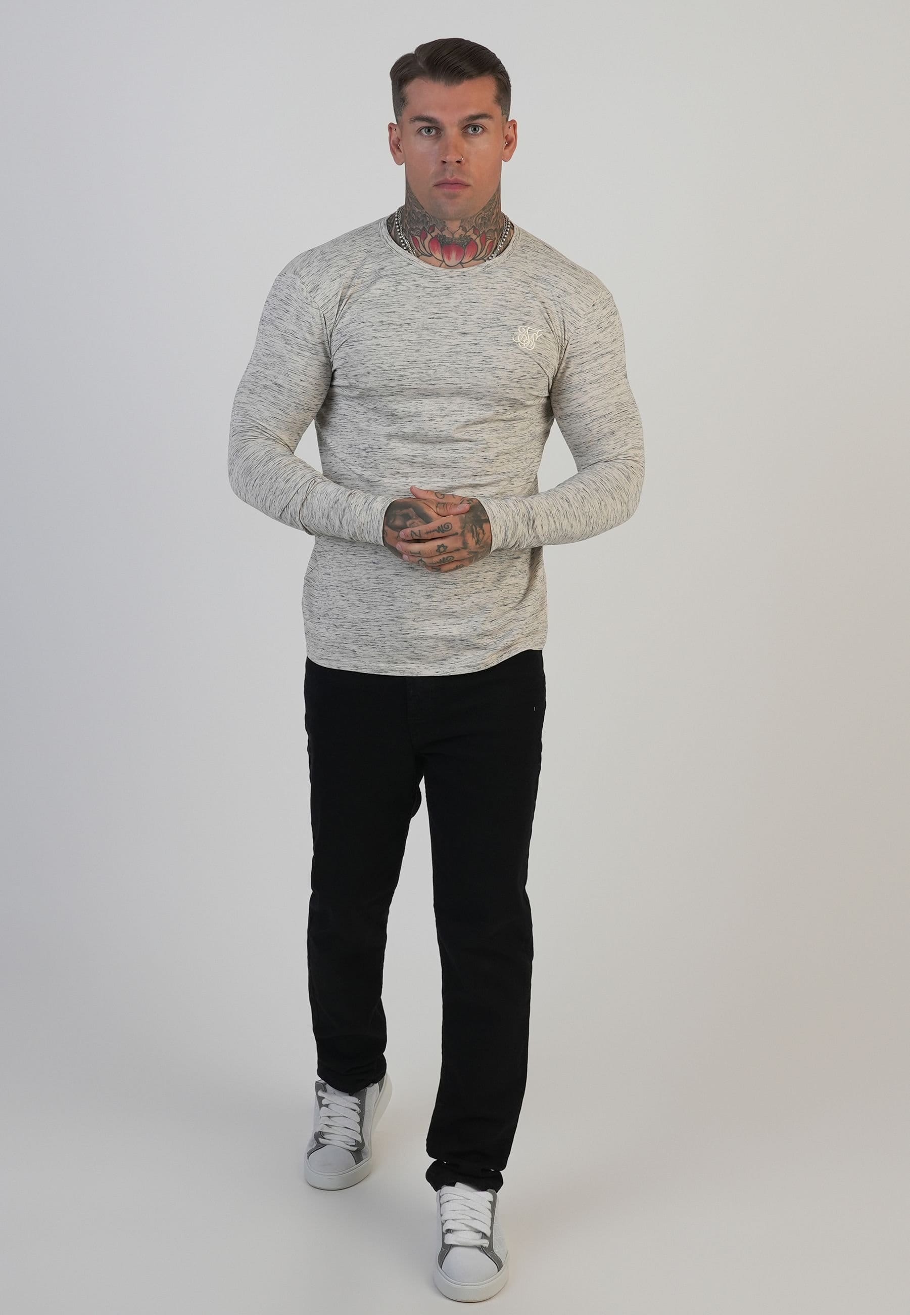 SikSilk SikSilk Men's Long Sleeve Marl T-Shirt in White - 4