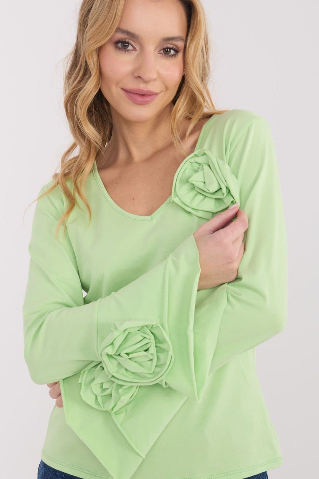 Love Lace Love Lace Green Cotton V-Neck Fitted Bell Sleeve Blouse