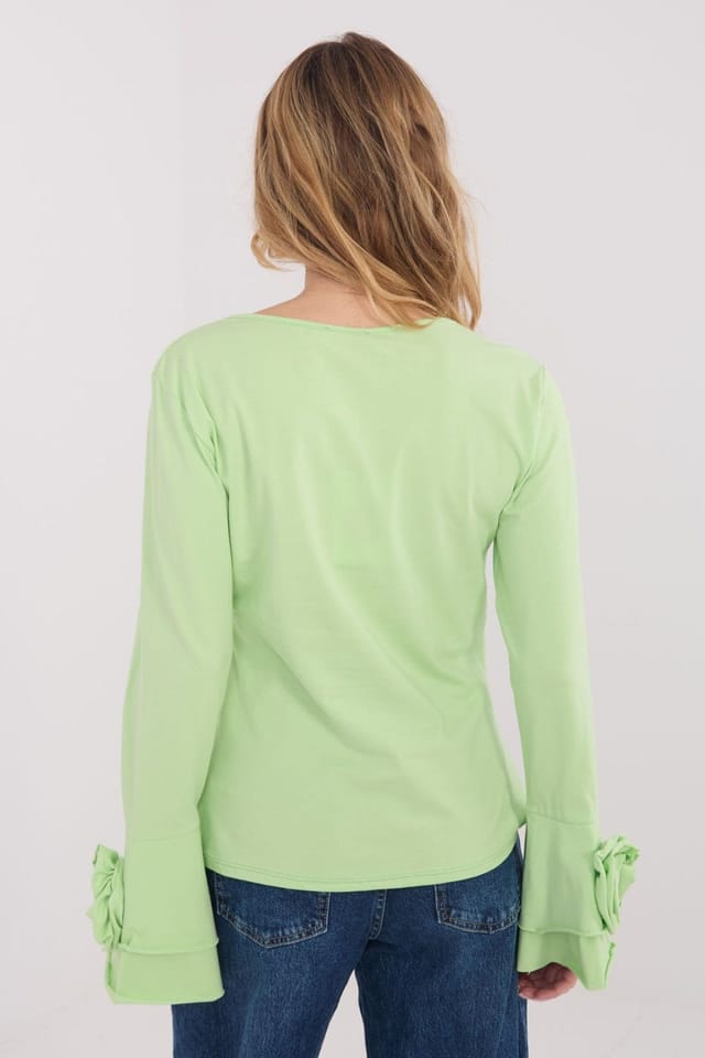 Love Lace Love Lace Women's Elegant Cotton V Neck Fitted Bell Sleeve Blouse in Green - 3