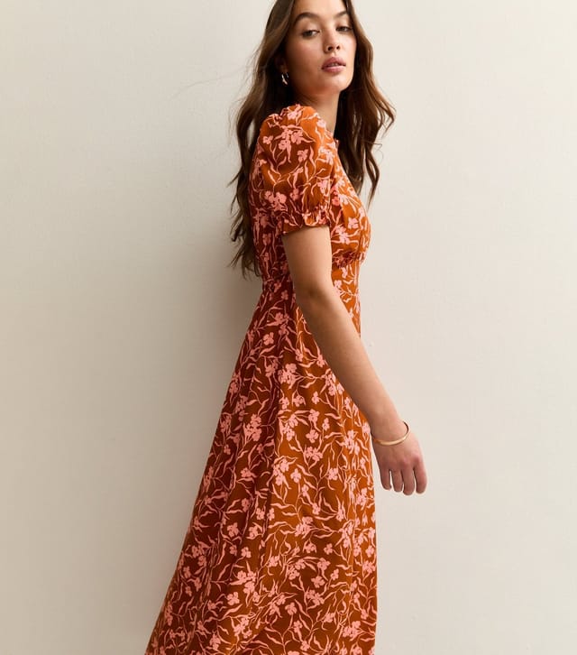 New Look Women's Orange Floral Print Short Sleeve Midi Dress New Look - 3