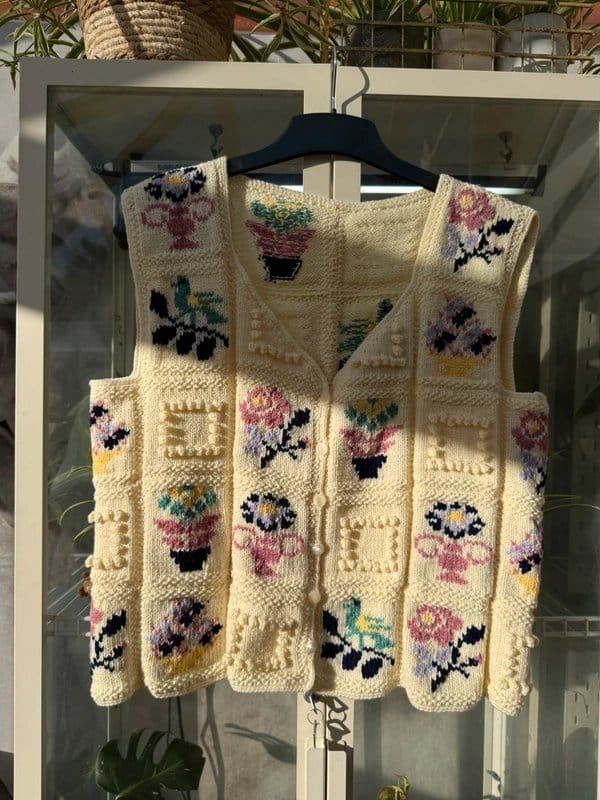 Handmade Yellow Floral Knitted Vest Cardigan