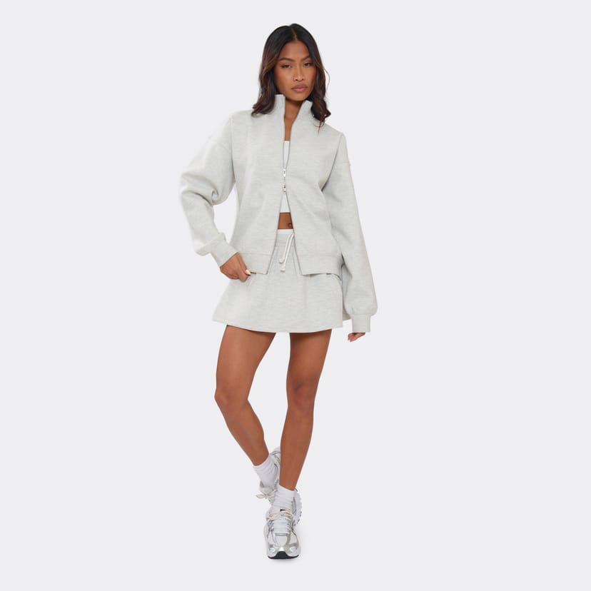 EGO Contrast Waist Pleated Mini Skirt In Light Grey Marl Interlock, Women's Size UK 6 - 1