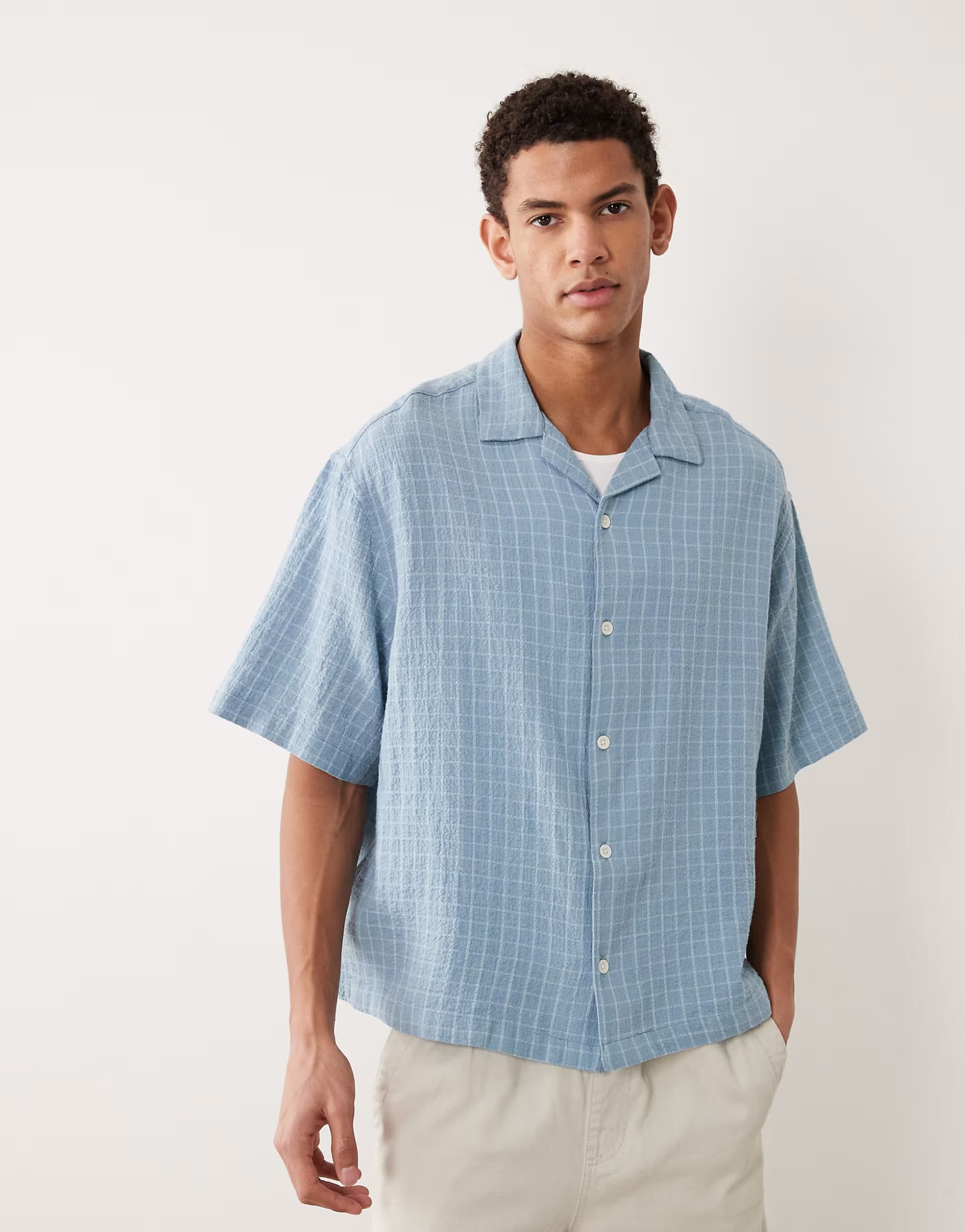 ASOS ASOS DESIGN boxy oversized revere textured check shirt in light blue