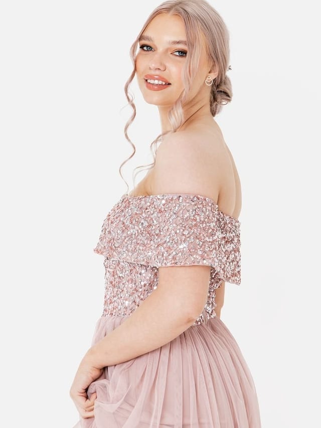 Maya Deluxe Maya Deluxe Women's Bardot Embellished Maxi Dress in Light Pink - 3